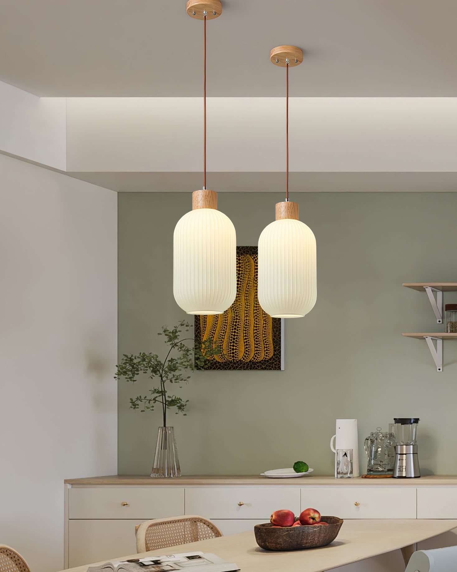 Pendant Light Wood Glass 16.1 in Modern Indoor Ceiling Fixture White LED Edison Compatible | Thomler