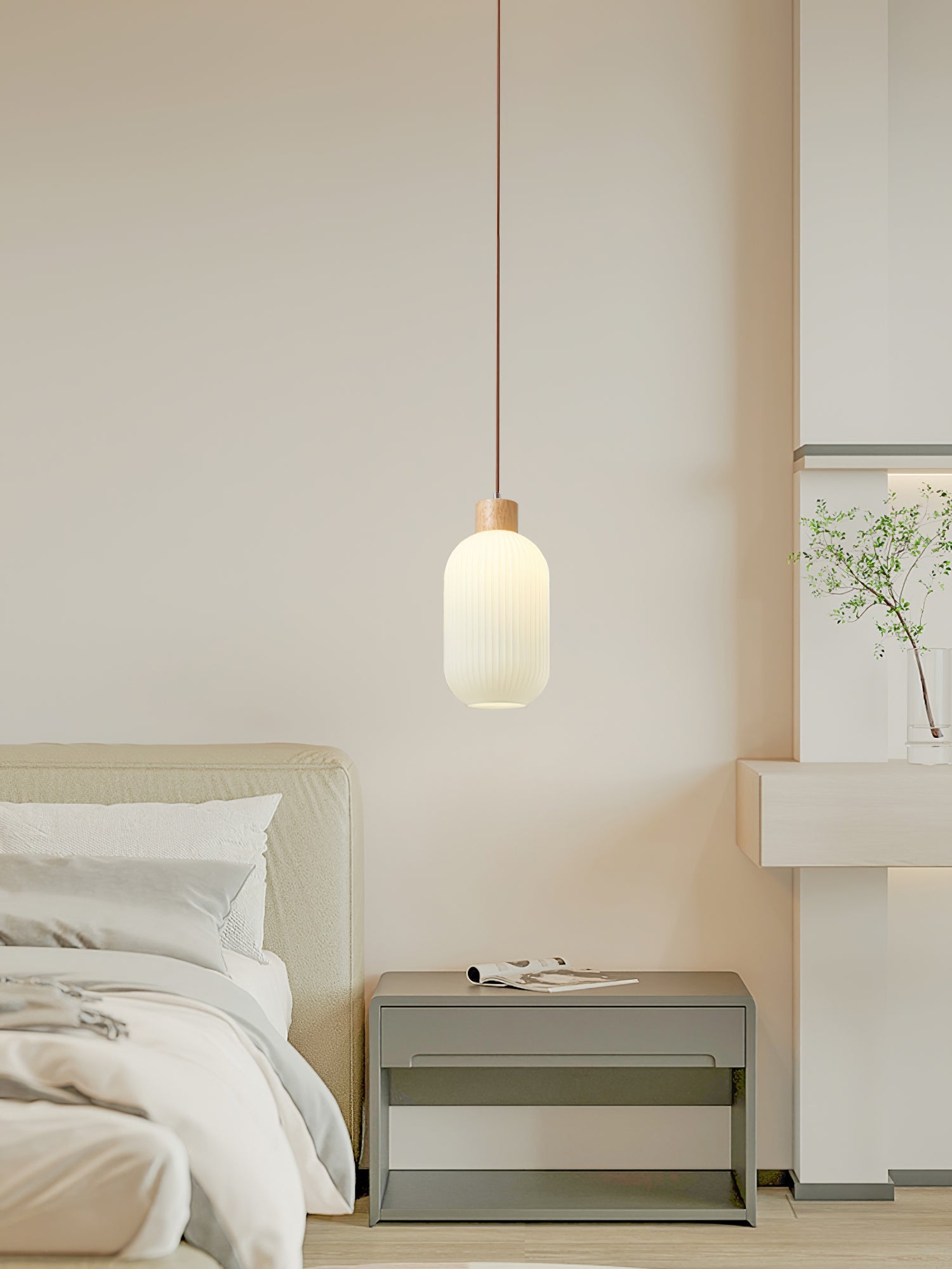 Pendant Light Wood Glass 16.1 in Modern Indoor Ceiling Fixture White LED Edison Compatible | Thomler