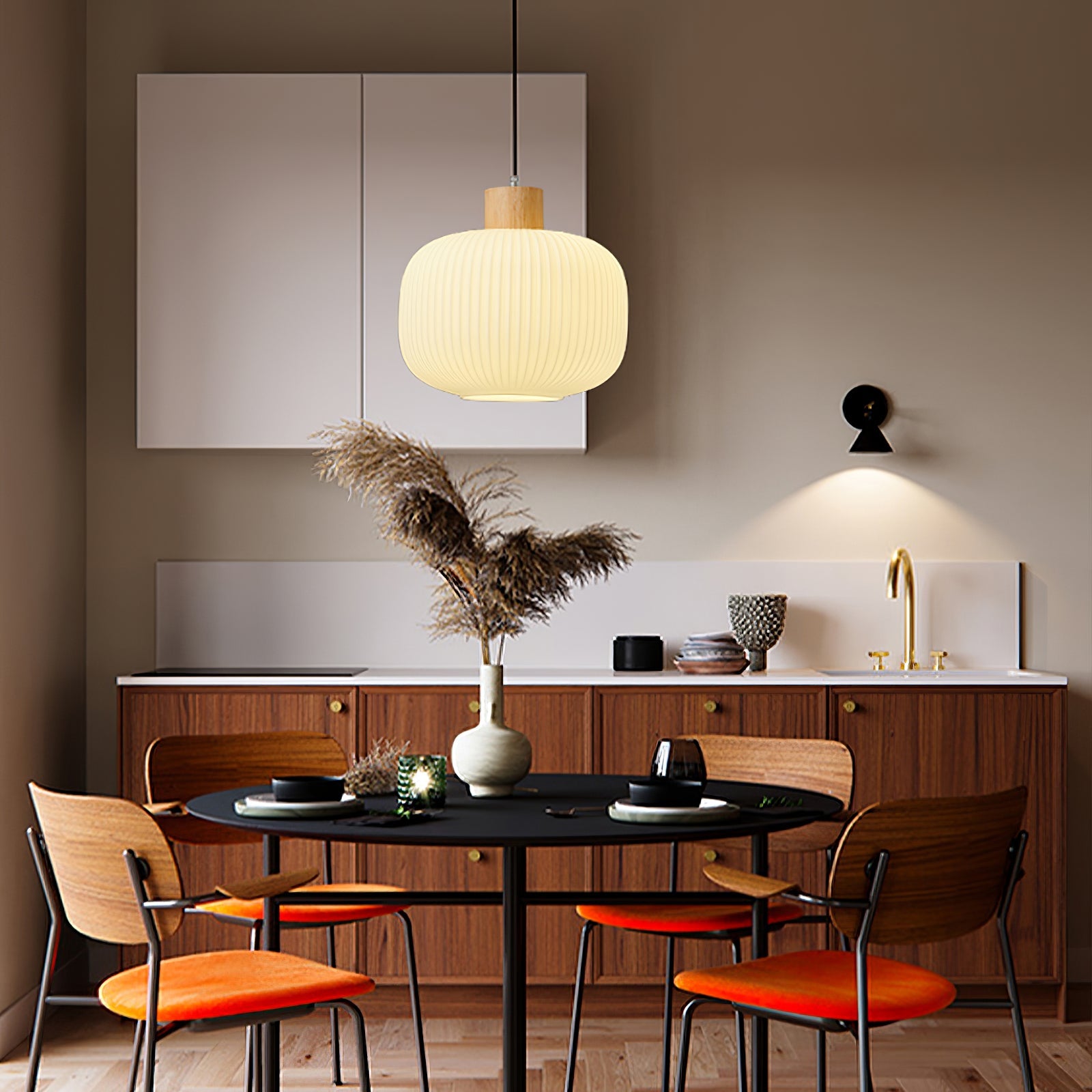 Pendant Light Wood Glass 16.1 in Modern Indoor Ceiling Fixture White LED Edison Compatible | Thomler