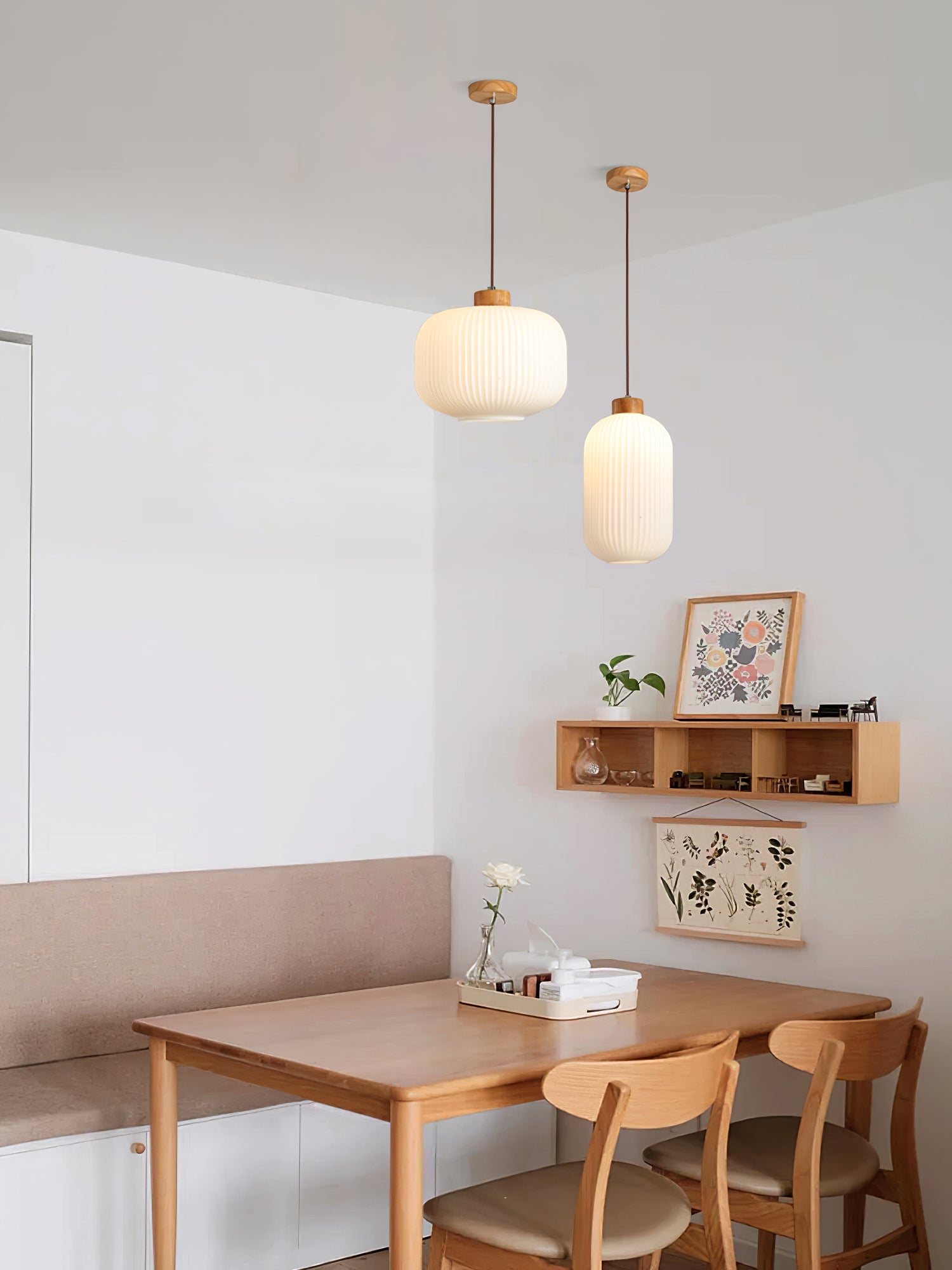 Pendant Light Wood Glass 16.1 in Modern Indoor Ceiling Fixture White LED Edison Compatible | Thomler