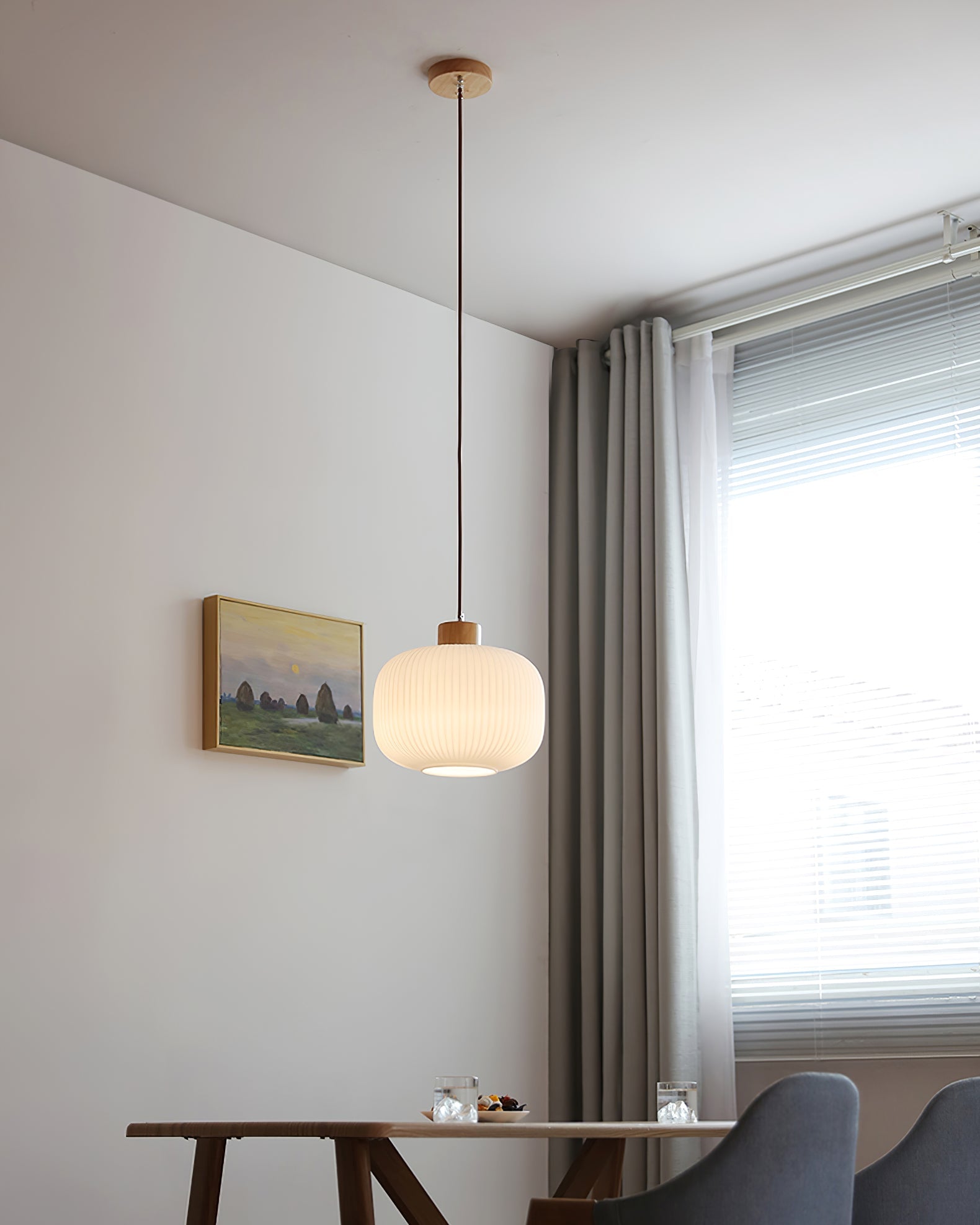 Pendant Light Wood Glass 16.1 in Modern Indoor Ceiling Fixture White LED Edison Compatible | Thomler