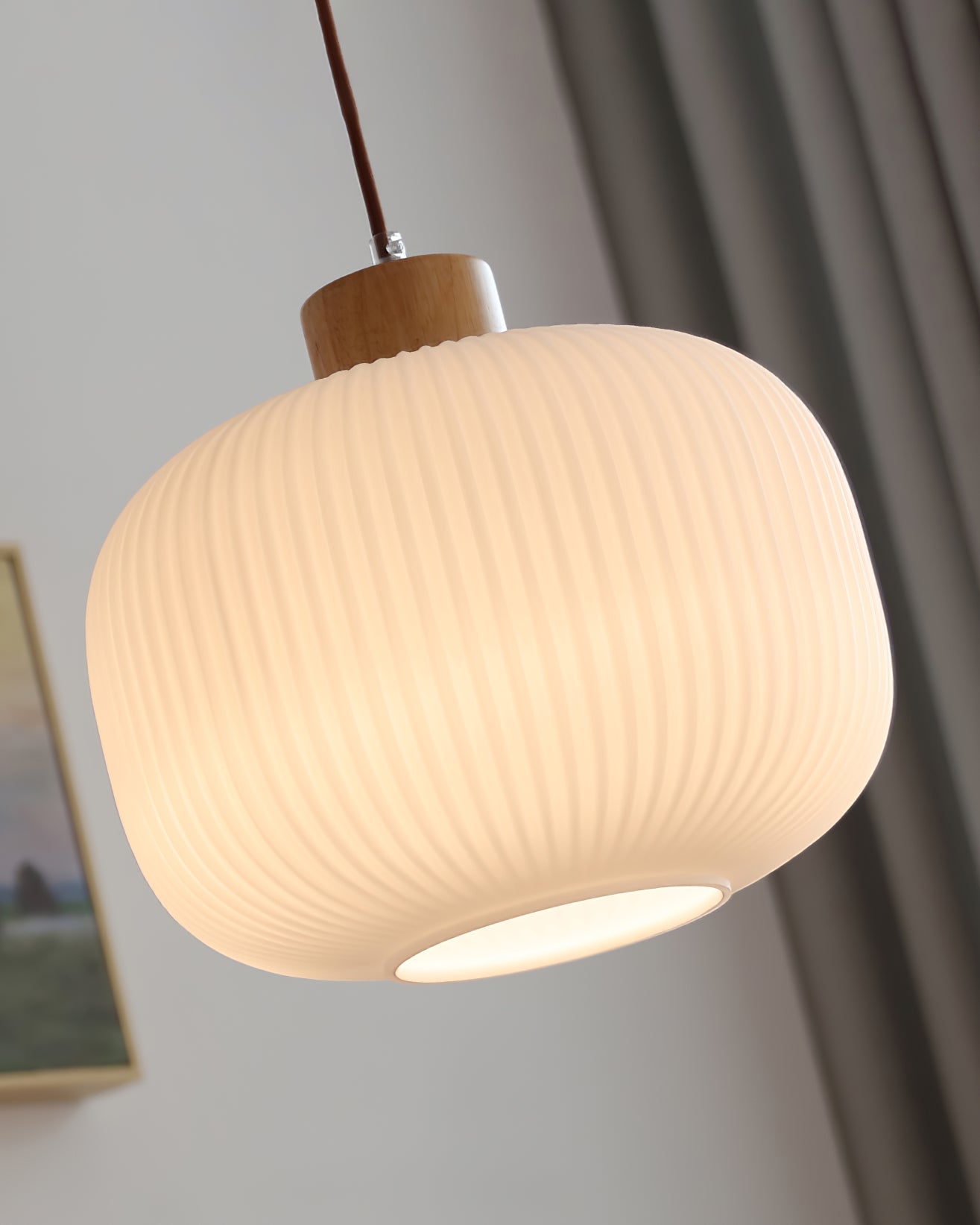Pendant Light Wood Glass 16.1 in Modern Indoor Ceiling Fixture White LED Edison Compatible | Thomler