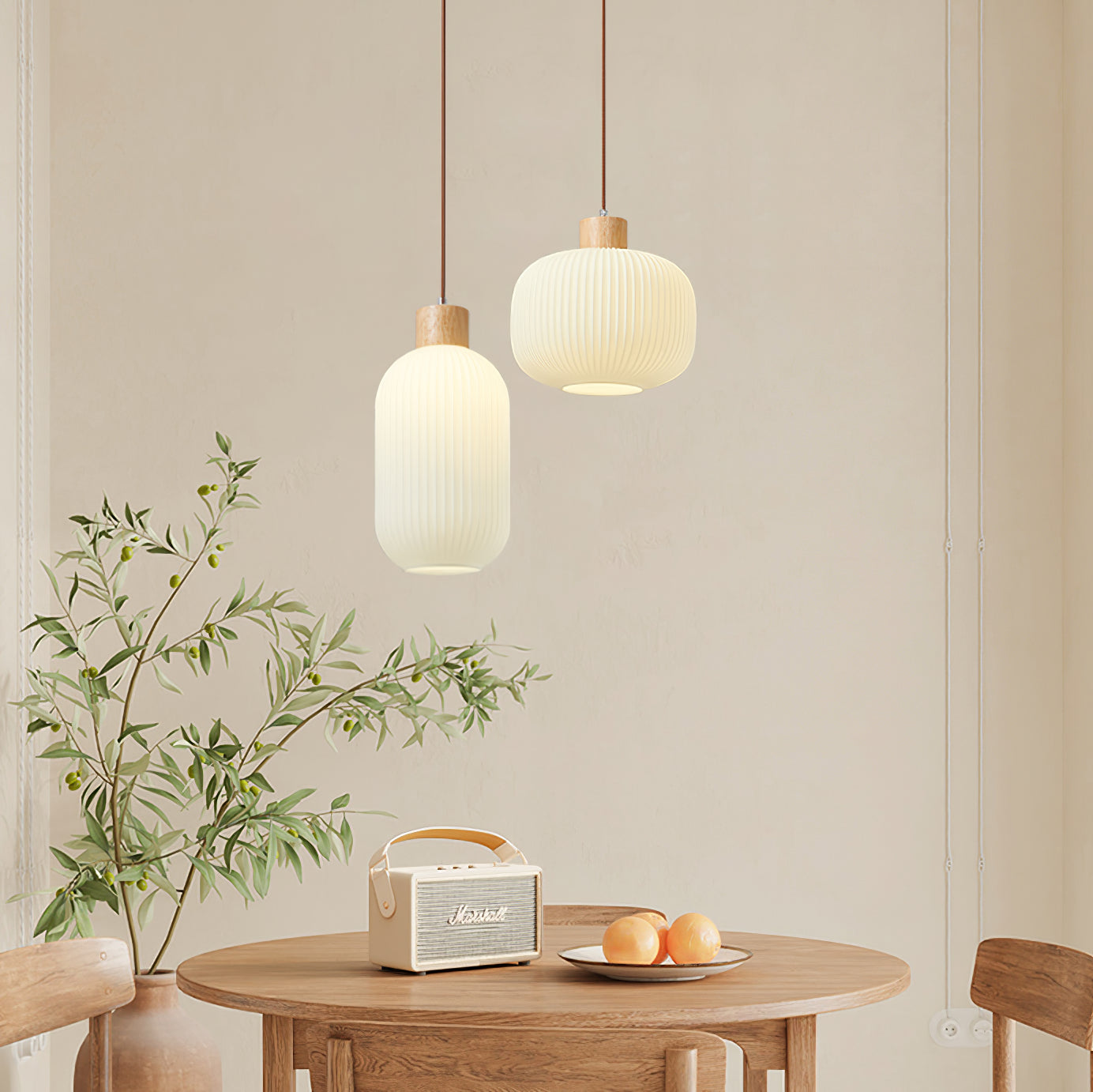 Pendant Light Wood Glass 16.1 in Modern Indoor Ceiling Fixture White LED Edison Compatible | Thomler