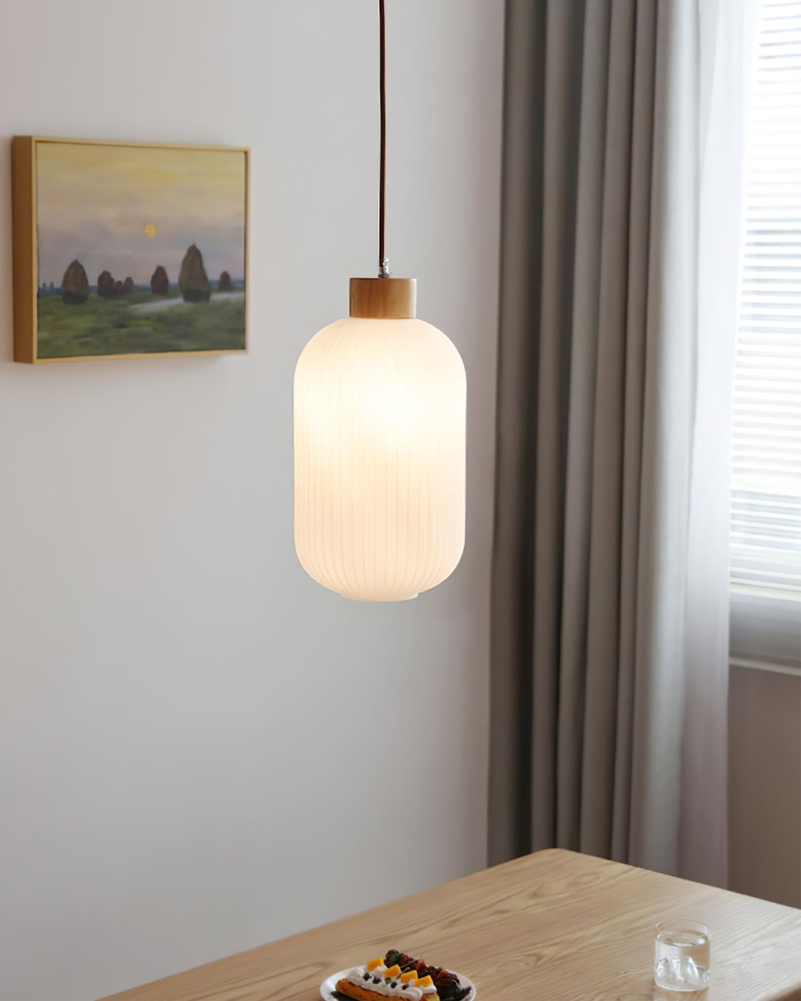 Pendant Light Wood Glass 16.1 in Modern Indoor Ceiling Fixture White LED Edison Compatible | Thomler