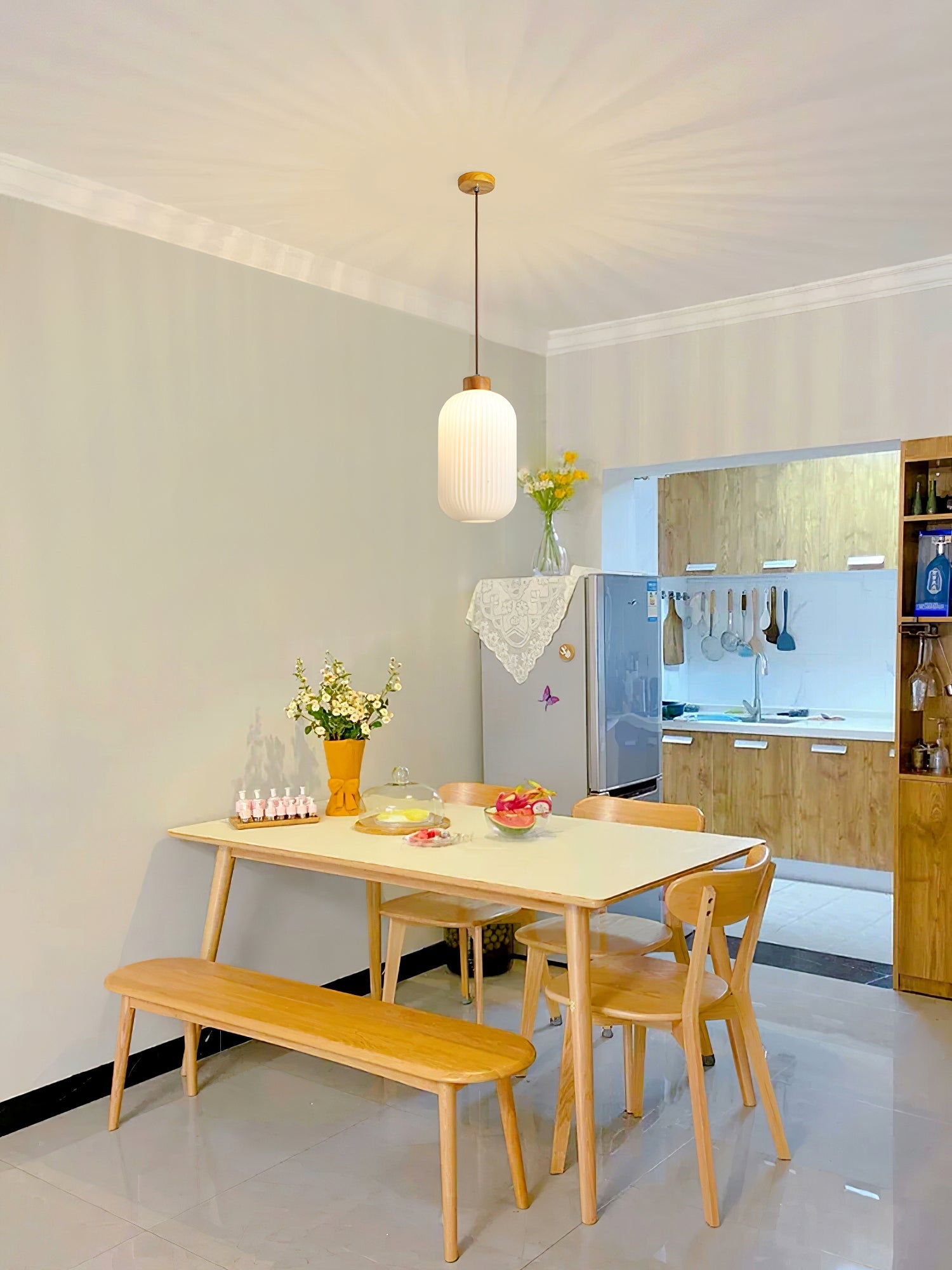 Pendant Light Wood Glass 16.1 in Modern Indoor Ceiling Fixture White LED Edison Compatible | Thomler