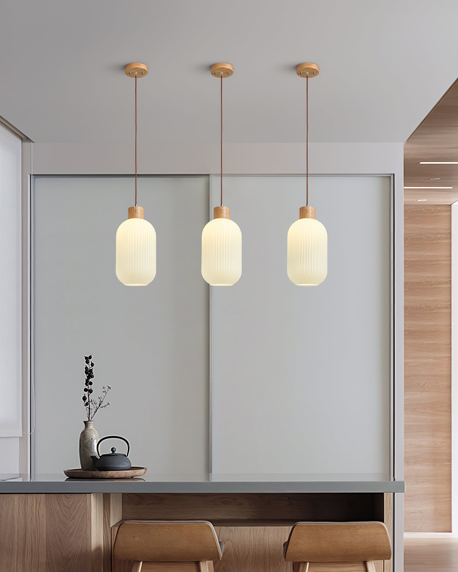 Pendant Light Wood Glass 16.1 in Modern Indoor Ceiling Fixture White LED Edison Compatible | Thomler
