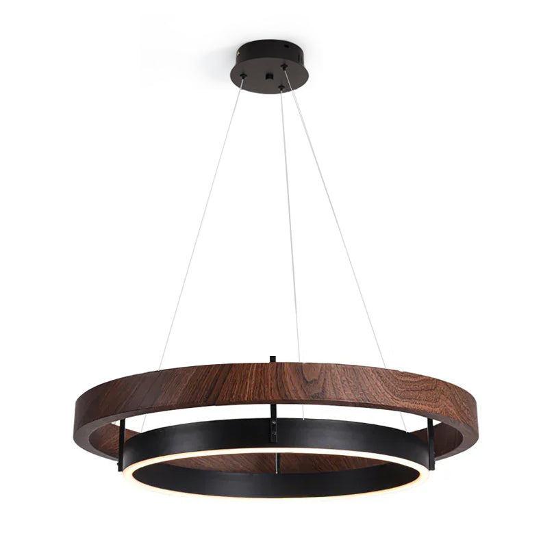 Chandelier LED Double Ring 23.6 in Ceiling Light Walnut Black Modern Living Room Dining Hanging Fixture | Thomler