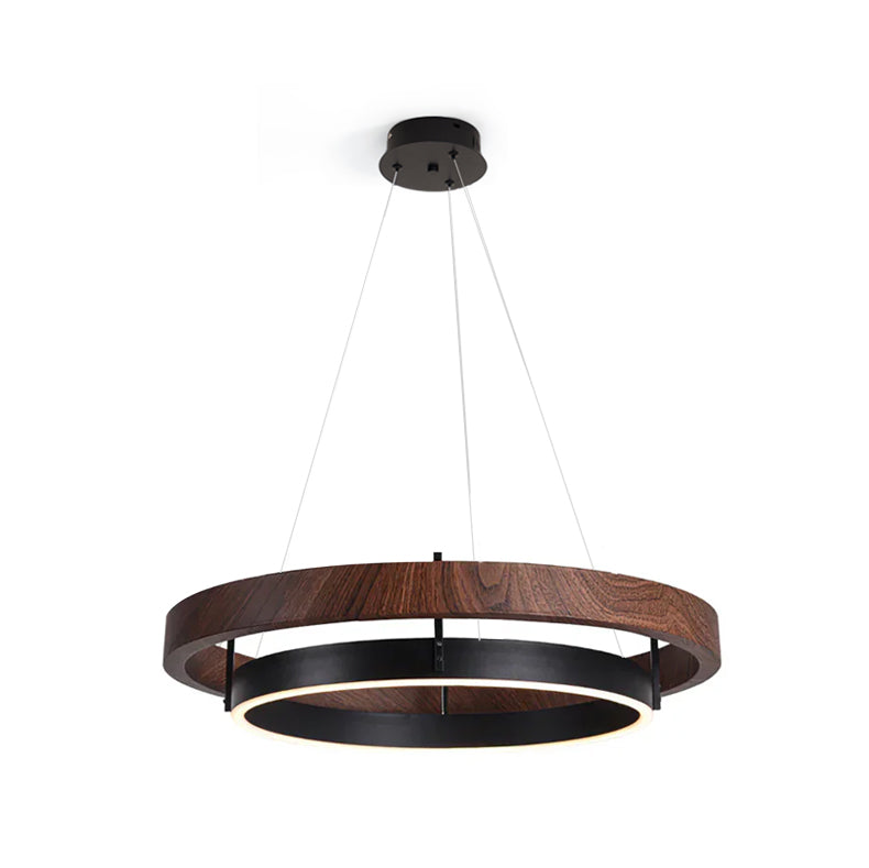 Chandelier LED Double Ring 23.6 in Ceiling Light Walnut Black Modern Living Room Dining Hanging Fixture | Thomler