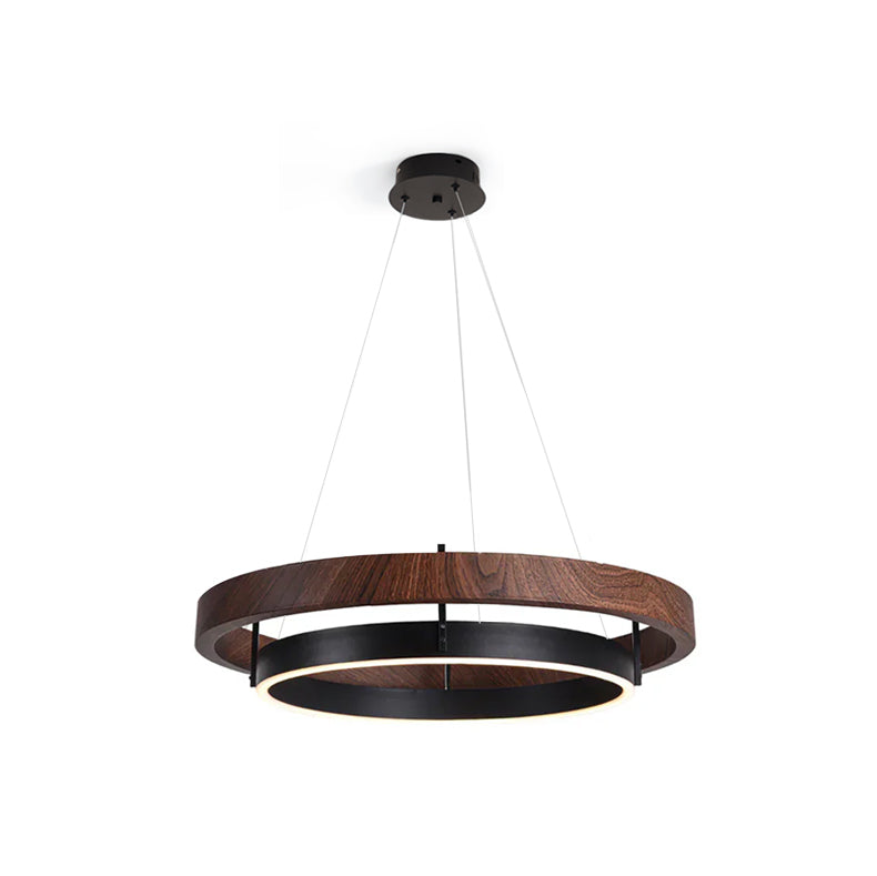 Chandelier LED Double Ring 23.6 in Ceiling Light Walnut Black Modern Living Room Dining Hanging Fixture | Thomler