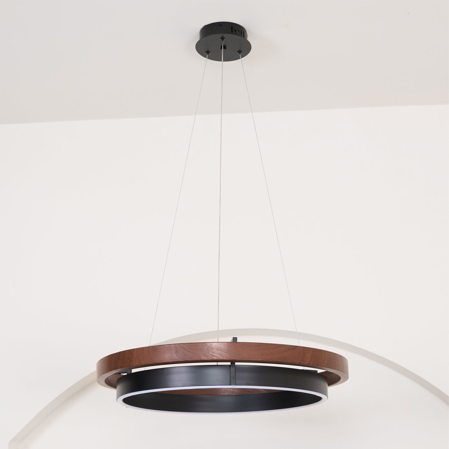 Chandelier LED Double Ring 23.6 in Ceiling Light Walnut Black Modern Living Room Dining Hanging Fixture | Thomler