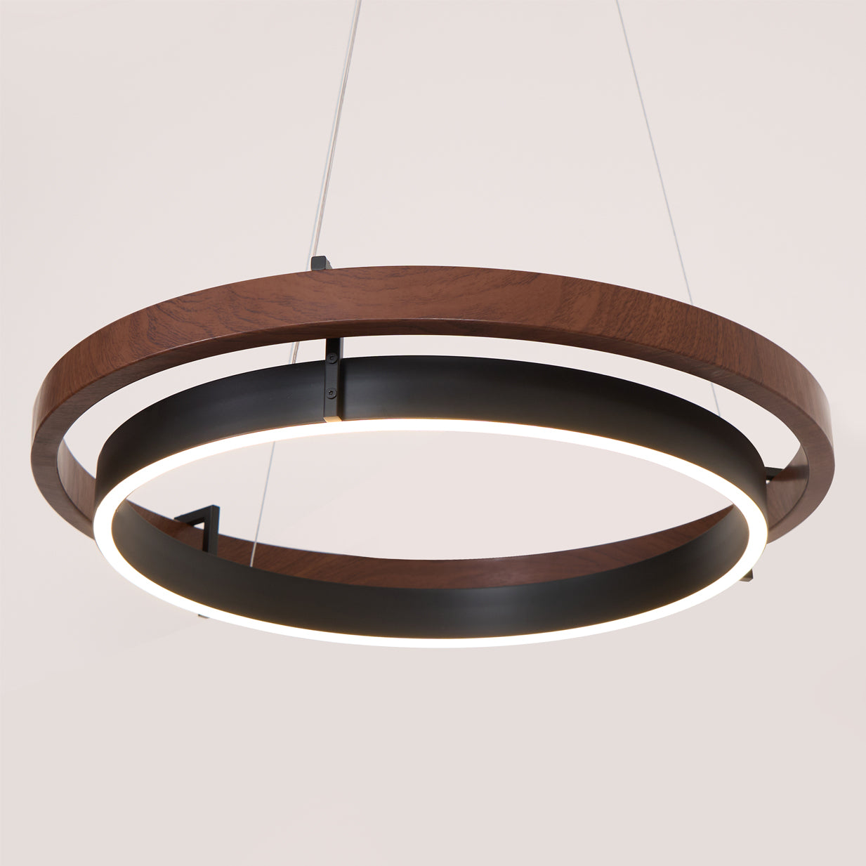 Chandelier LED Double Ring 23.6 in Ceiling Light Walnut Black Modern Living Room Dining Hanging Fixture | Thomler