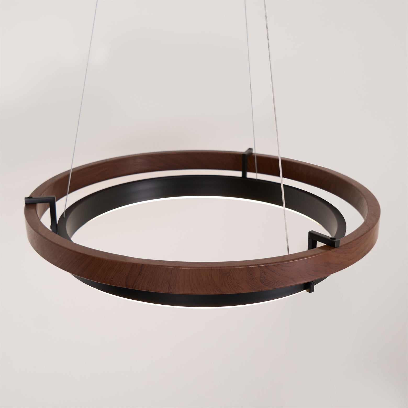 Chandelier LED Double Ring 23.6 in Ceiling Light Walnut Black Modern Living Room Dining Hanging Fixture | Thomler