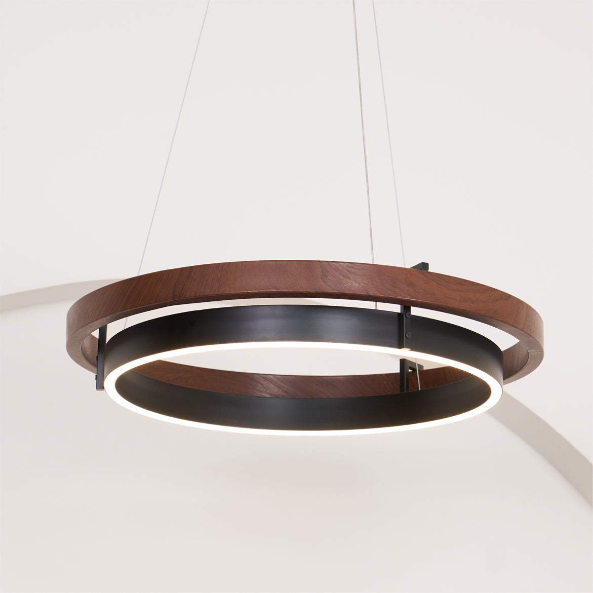 Chandelier LED Double Ring 23.6 in Ceiling Light Walnut Black Modern Living Room Dining Hanging Fixture | Thomler