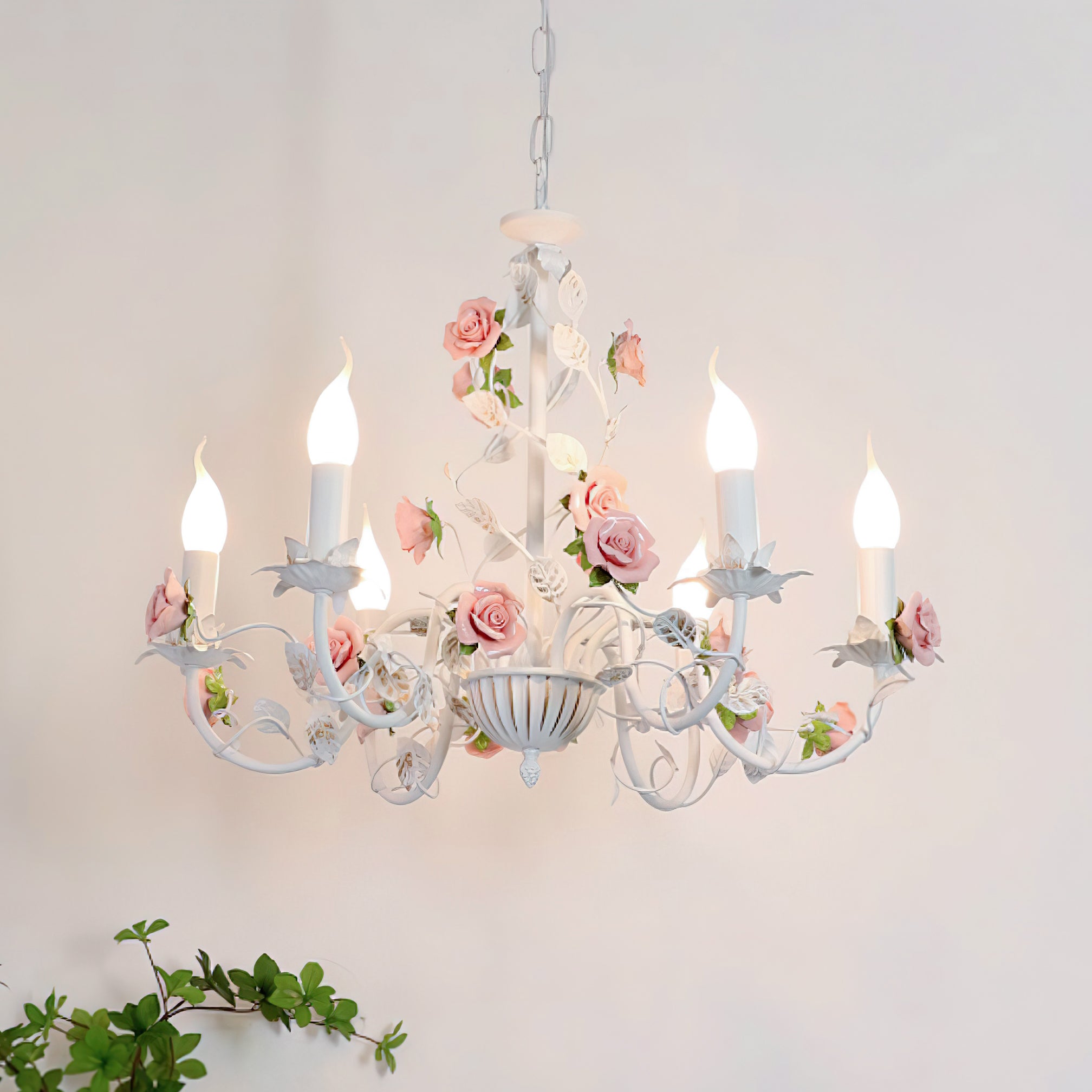 Chandelier Metal Ceramic 30.3 in Multi Arm Pink White Dining Room Ceiling Light Floral Decorative Hanging Fixture | Thomler