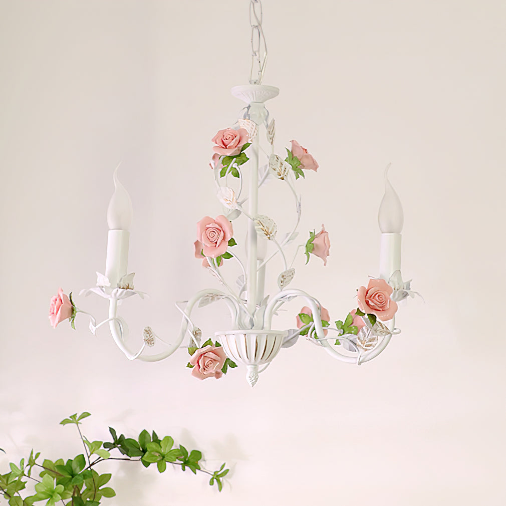 Chandelier Metal Ceramic 30.3 in Multi Arm Pink White Dining Room Ceiling Light Floral Decorative Hanging Fixture | Thomler
