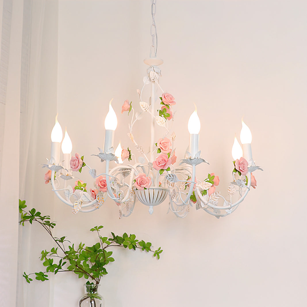 Chandelier Metal Ceramic 30.3 in Multi Arm Pink White Dining Room Ceiling Light Floral Decorative Hanging Fixture | Thomler