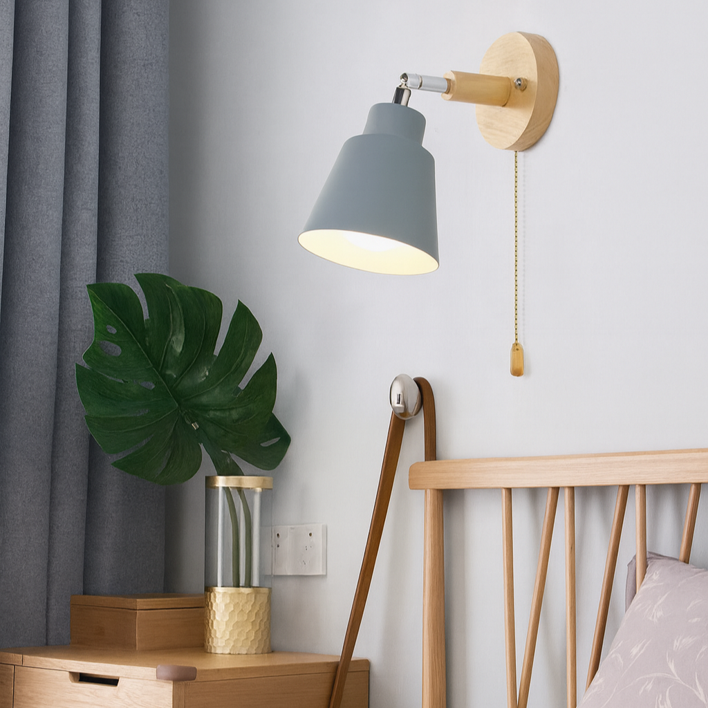 Wall Lamp Metal Wood E27 40W Grey Bedroom Reading Rotating Pull Switch Scandinavian Bedside Lighting | Thomler