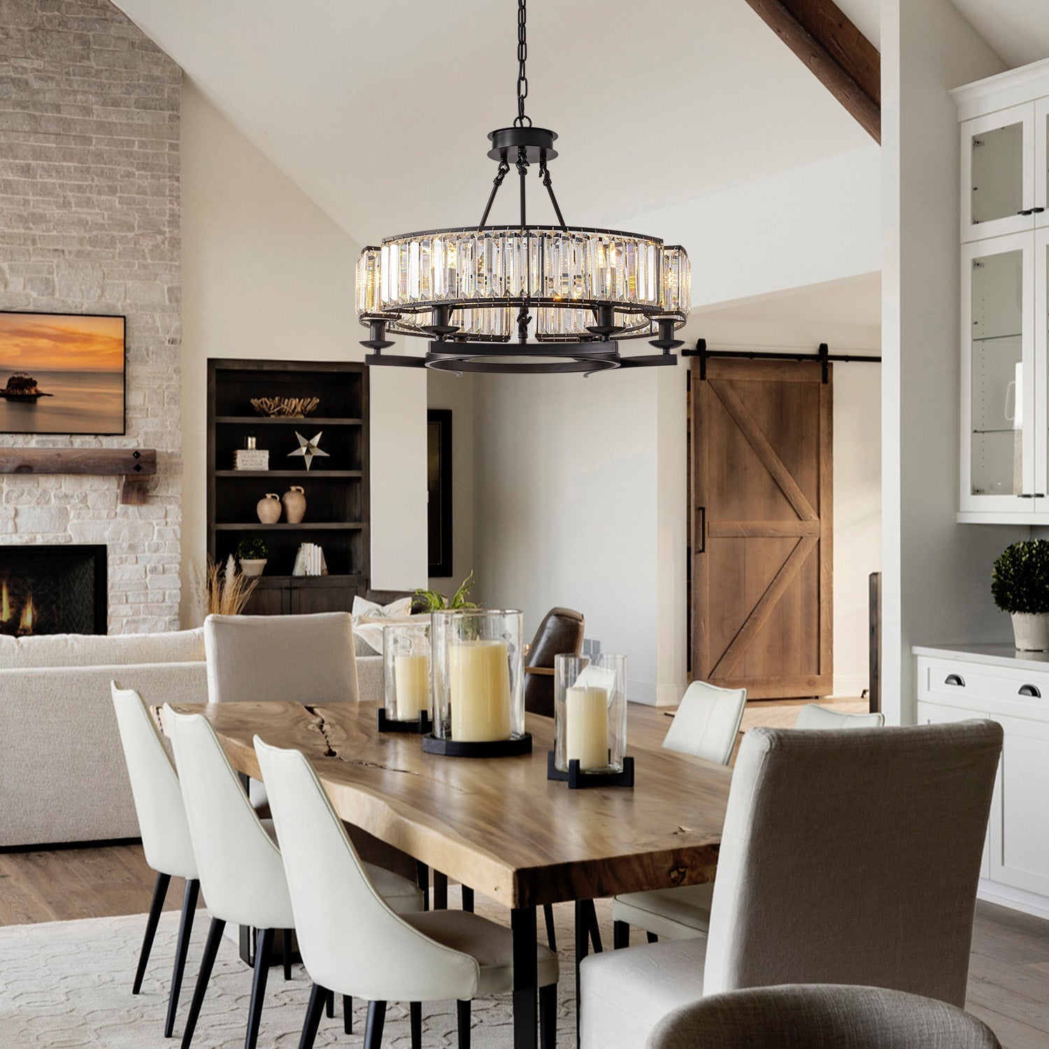 Chandelier Metal Crystal 80.0 cm Matte Black Dining Room Wagon Wheel Ceiling Light Adjustable Hanging Fixture | Thomler