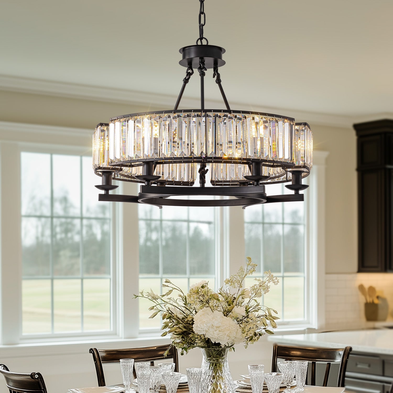 Chandelier Metal Crystal 80.0 cm Matte Black Dining Room Wagon Wheel Ceiling Light Adjustable Hanging Fixture | Thomler