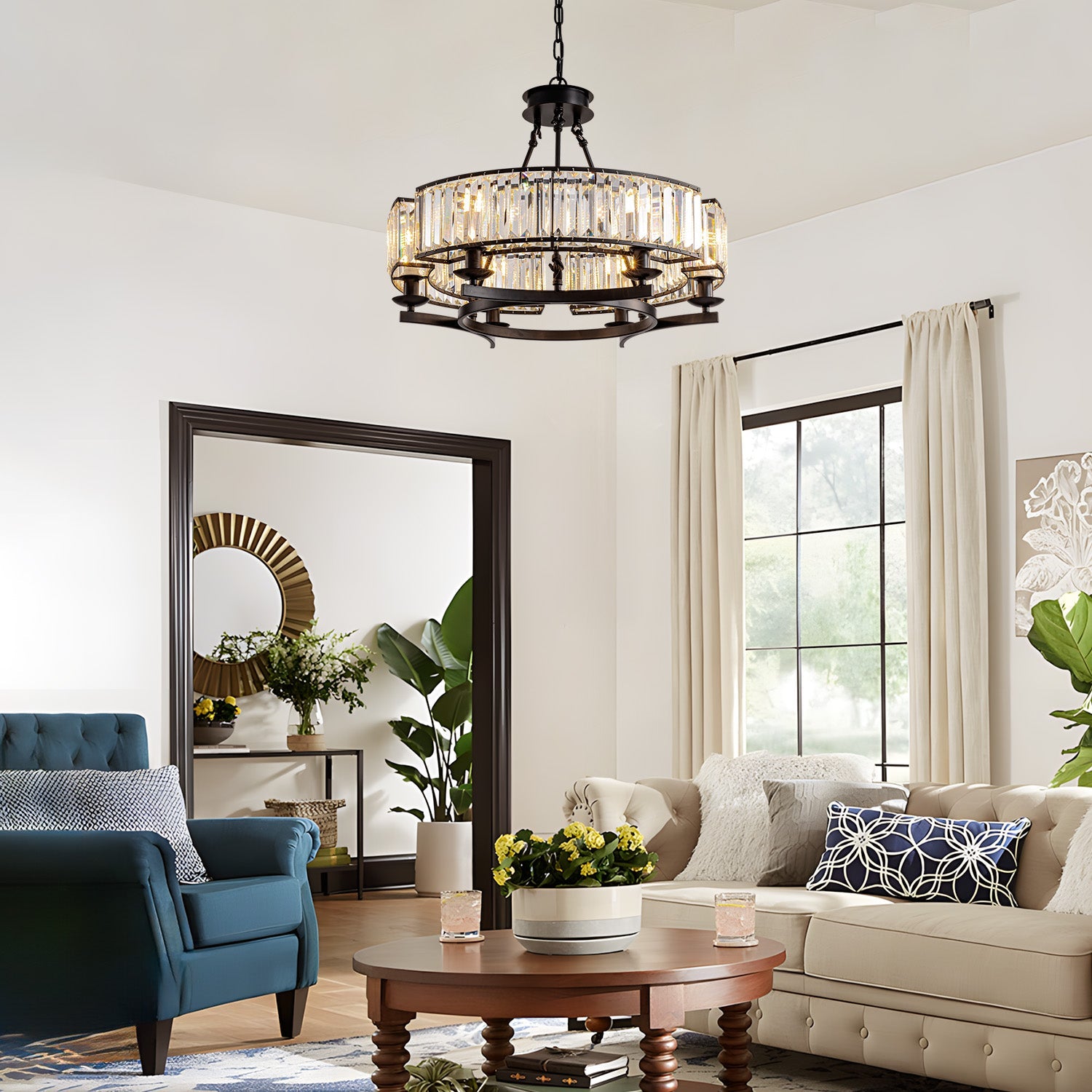 Chandelier Metal K9 Crystal 25.6 in Rustic Dining Room Kitchen Living Room Hanging Light Fixture | Thomler
