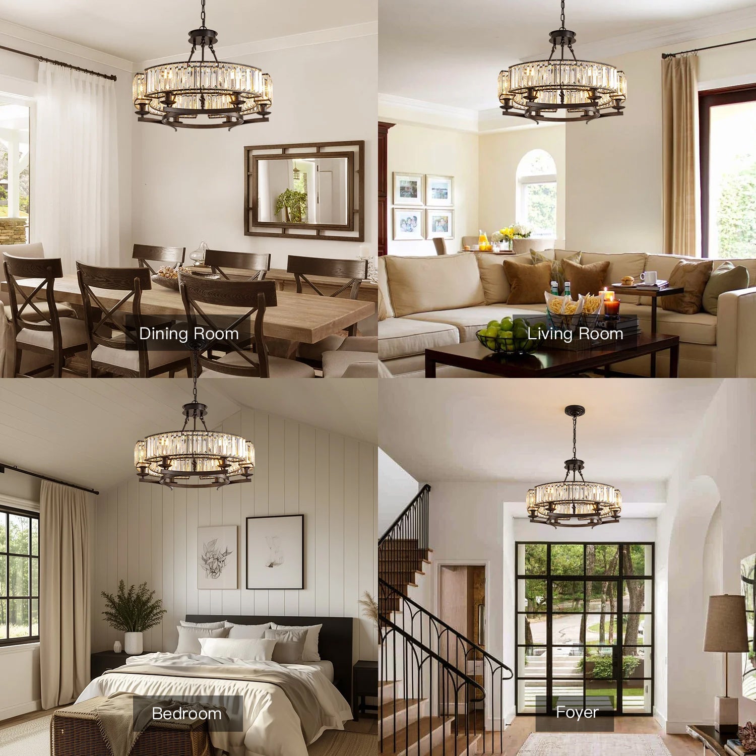 Chandelier Metal K9 Crystal 25.6 in Rustic Dining Room Kitchen Living Room Hanging Light Fixture | Thomler