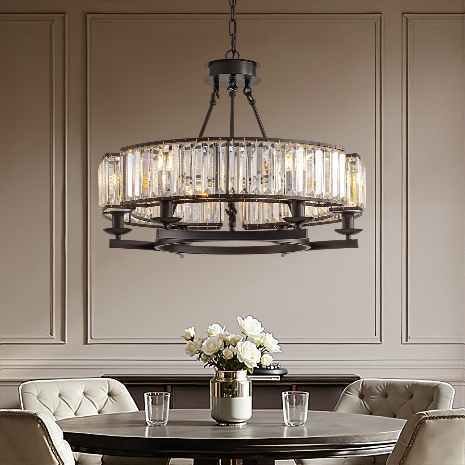 Chandelier Metal Crystal 80.0 cm Matte Black Dining Room Wagon Wheel Ceiling Light Adjustable Hanging Fixture | Thomler