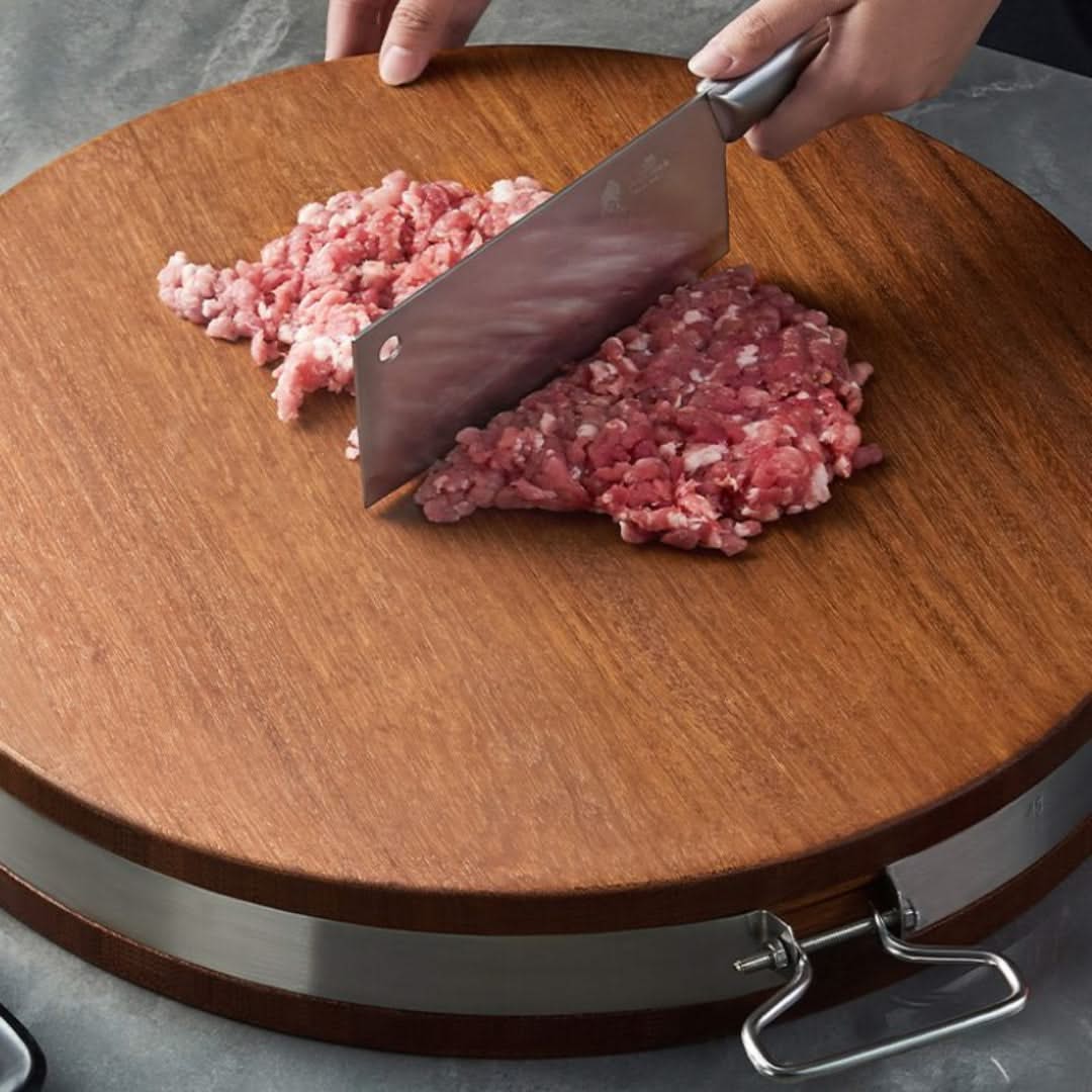 Circular Bamboo Cutting Board with Steel Rim & Handle for Daily Meal Prep, Reversible Kitchen Worksurface, Natural Wood Finish | Thomler