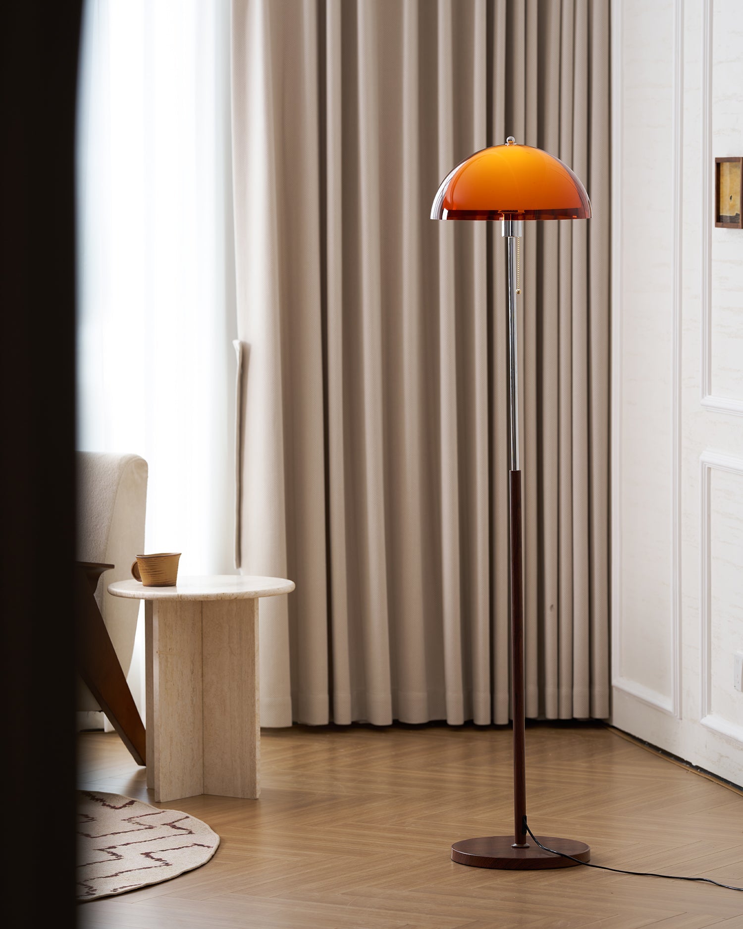 Floor Lamp Wood 60.2 in Amber Acrylic Shade Walnut Color Living Room Bedroom Accent Lighting Retro Modern Pull Chain | Thomler
