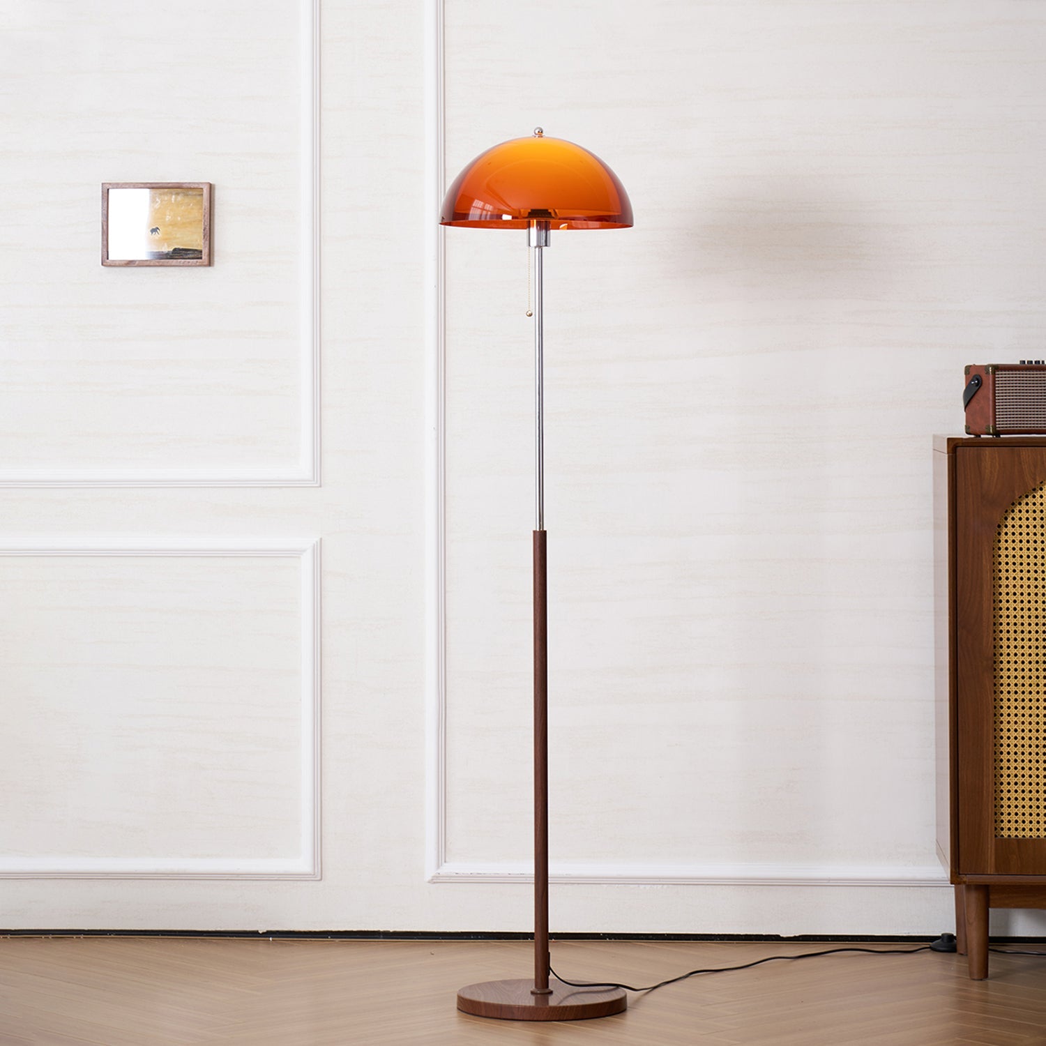 Floor Lamp Wood 60.2 in Amber Acrylic Shade Walnut Color Living Room Bedroom Accent Lighting Retro Modern Pull Chain | Thomler