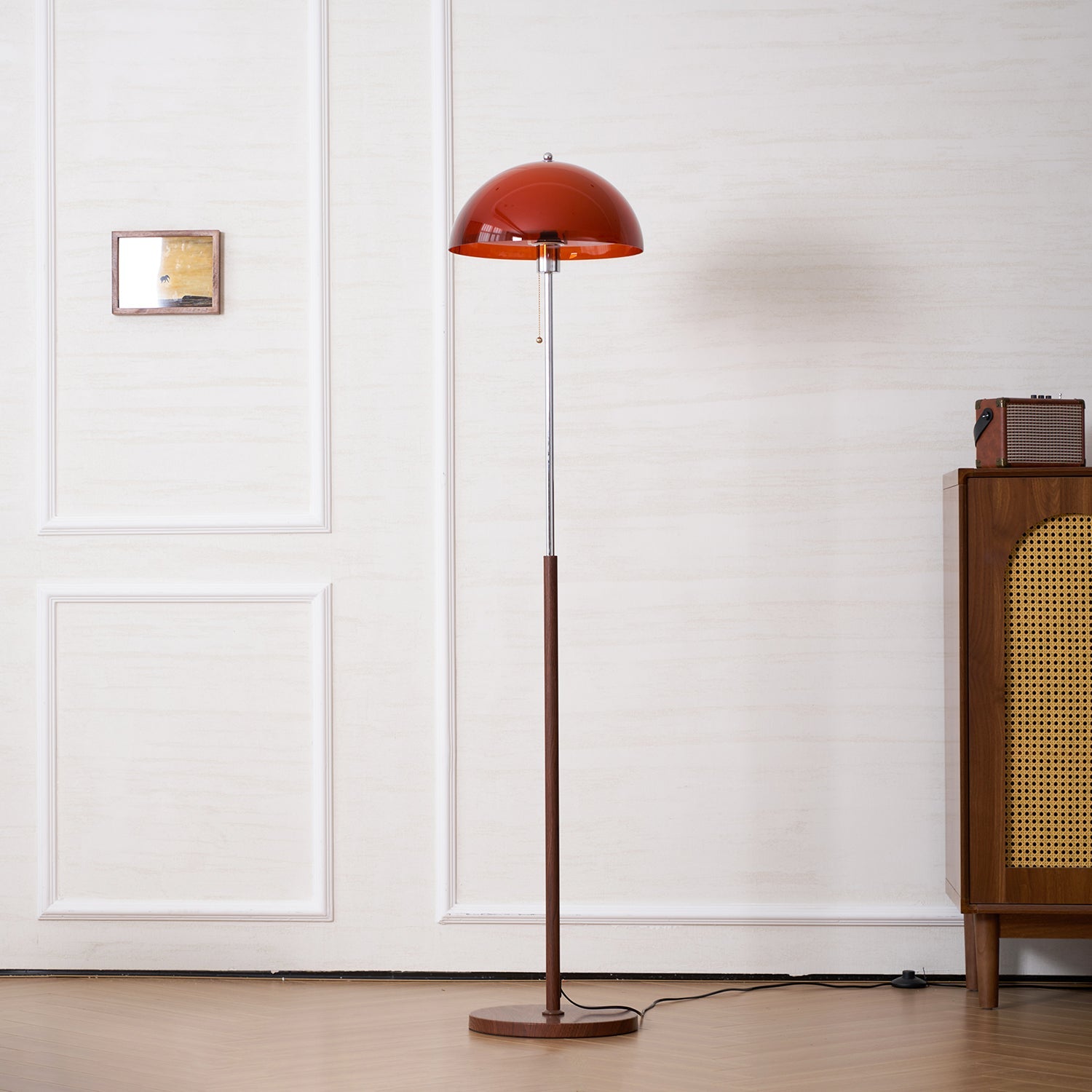 Floor Lamp Wood 60.2 in Amber Acrylic Shade Walnut Color Living Room Bedroom Accent Lighting Retro Modern Pull Chain | Thomler