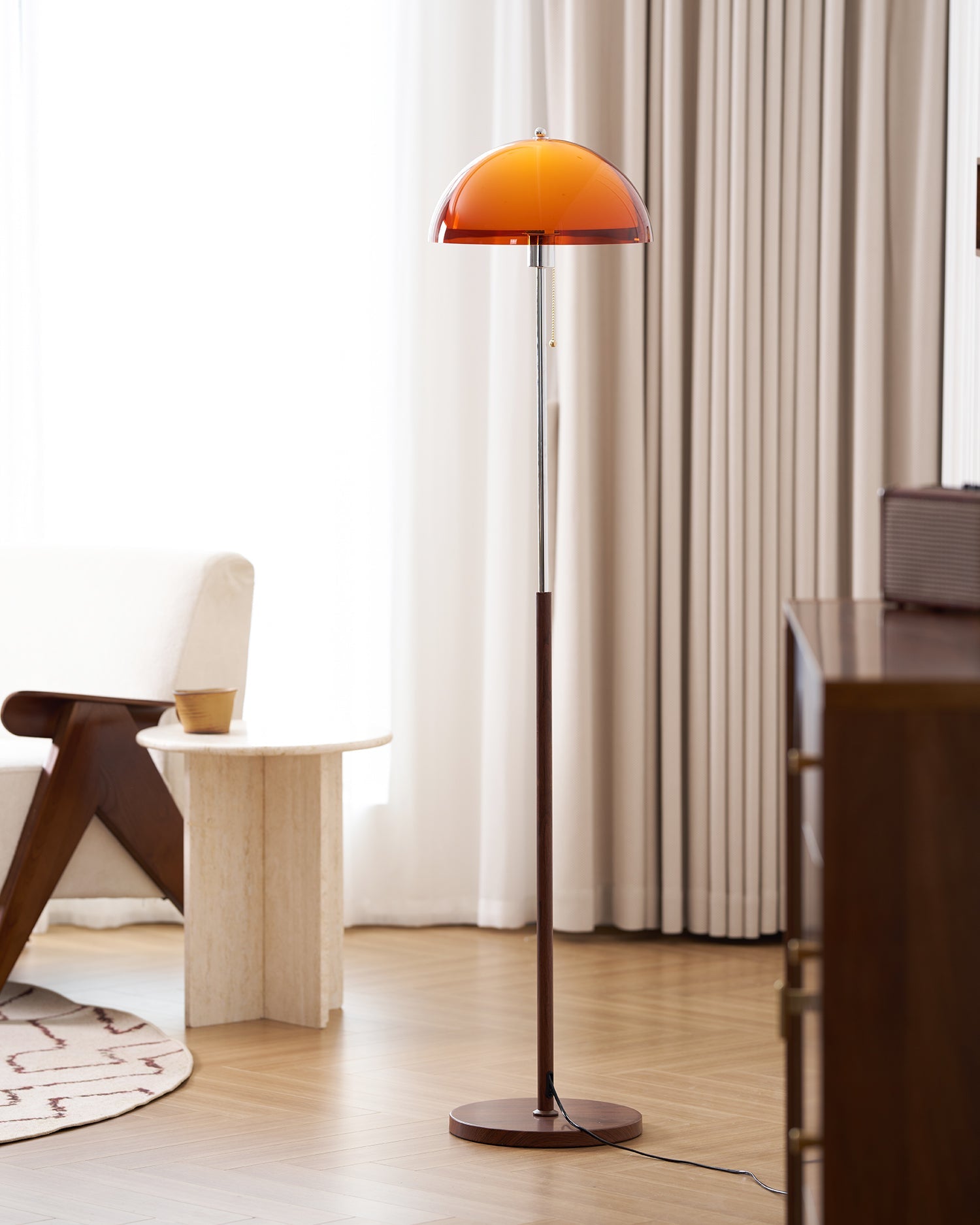 Floor Lamp Wood 60.2 in Amber Acrylic Shade Walnut Color Living Room Bedroom Accent Lighting Retro Modern Pull Chain | Thomler