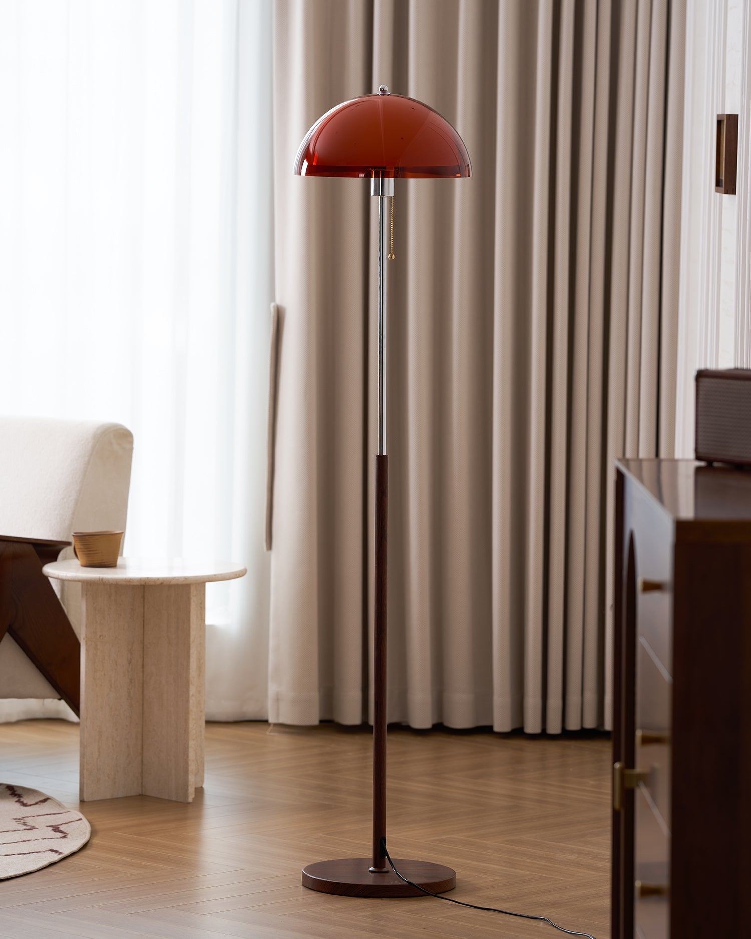 Floor Lamp Wood 60.2 in Amber Acrylic Shade Walnut Color Living Room Bedroom Accent Lighting Retro Modern Pull Chain | Thomler