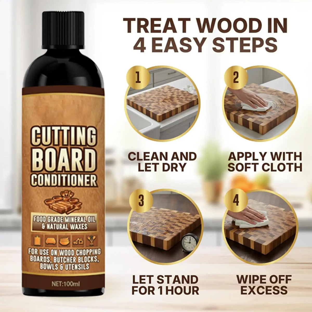Food-Safe Mineral Wood Conditioner for Cutting Boards & Kitchen Utensils – Deep Nourishment & Stain Removal Treatment for Wooden | Thomler