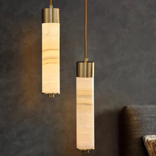 Stone Shade Hanging Fixture with Copper Accent – LED Pendant for Bedroom & Entryway | Thomler