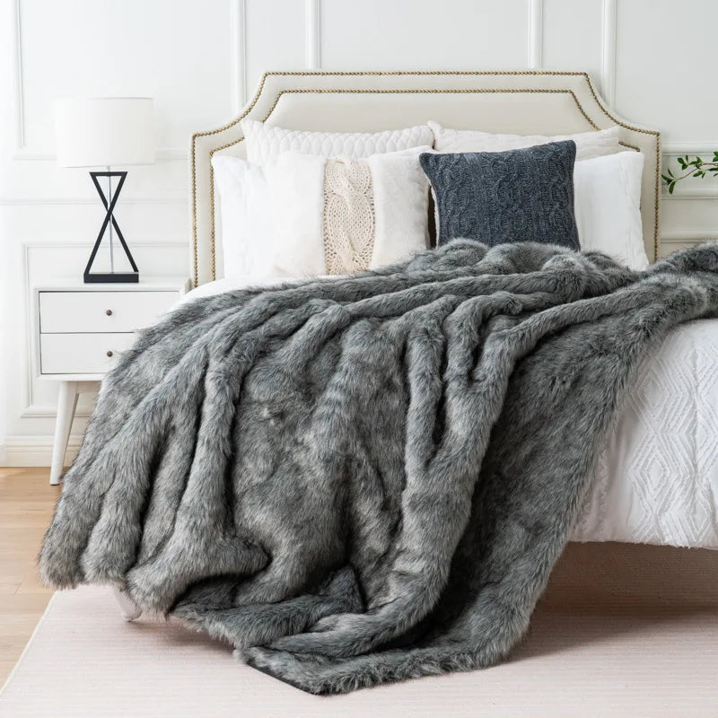 Throw Blanket Faux Fur 80 in x 60 in Luxury Living Room Sofa Bed Decorative Cozy Throw | Thomler