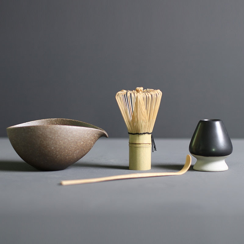 Ceremonial Matcha Tea Preparation Kit — Bamboo Whisk, Ceramic Bowl, Scoop & Holder — 4-Piece Japanese Tea Set for Home Brewing | Thomler