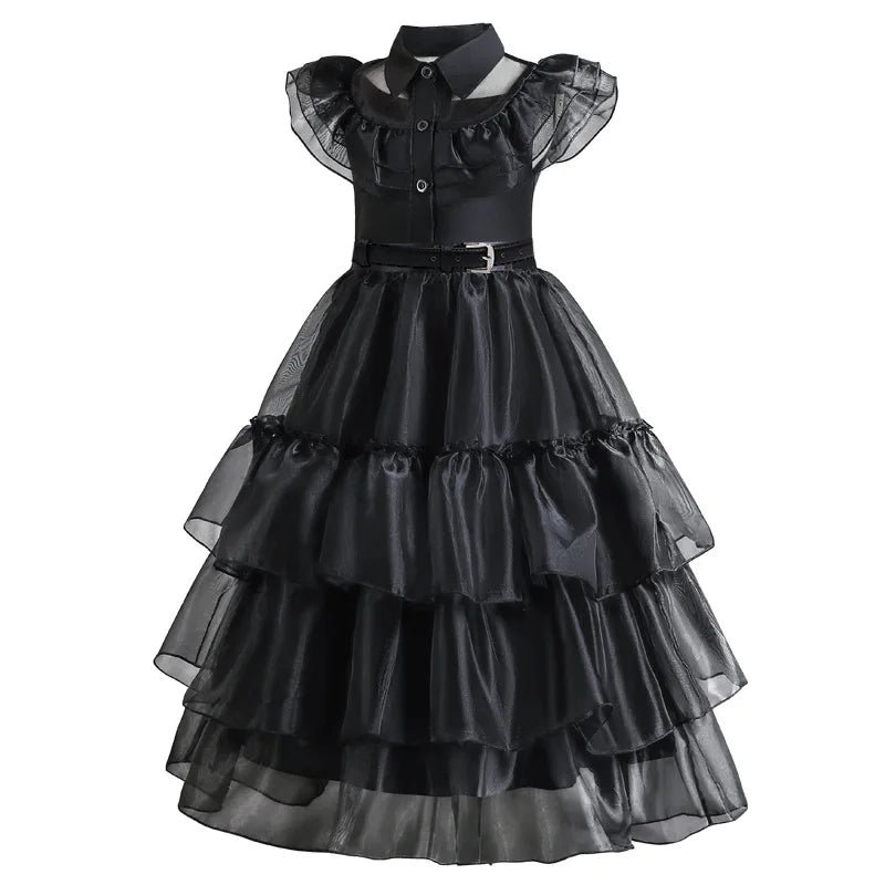 Girls Gothic Tiered Dress with Lace Panel Sleeves – Mid-Calf Costume for Halloween & Parties | Thomler
