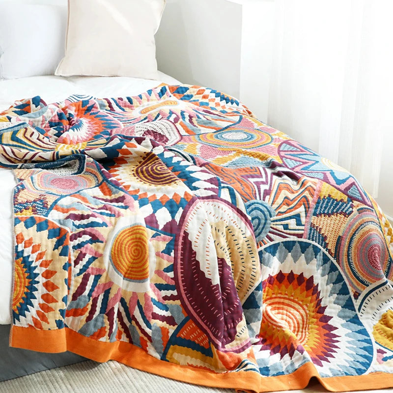 Lightweight Cotton Gauze Throw Blanket 59×79 or 79×90 in Pure Cotton Layering Piece for Couch Bed All-Season Breathable Coverlet Geometric | Thomler