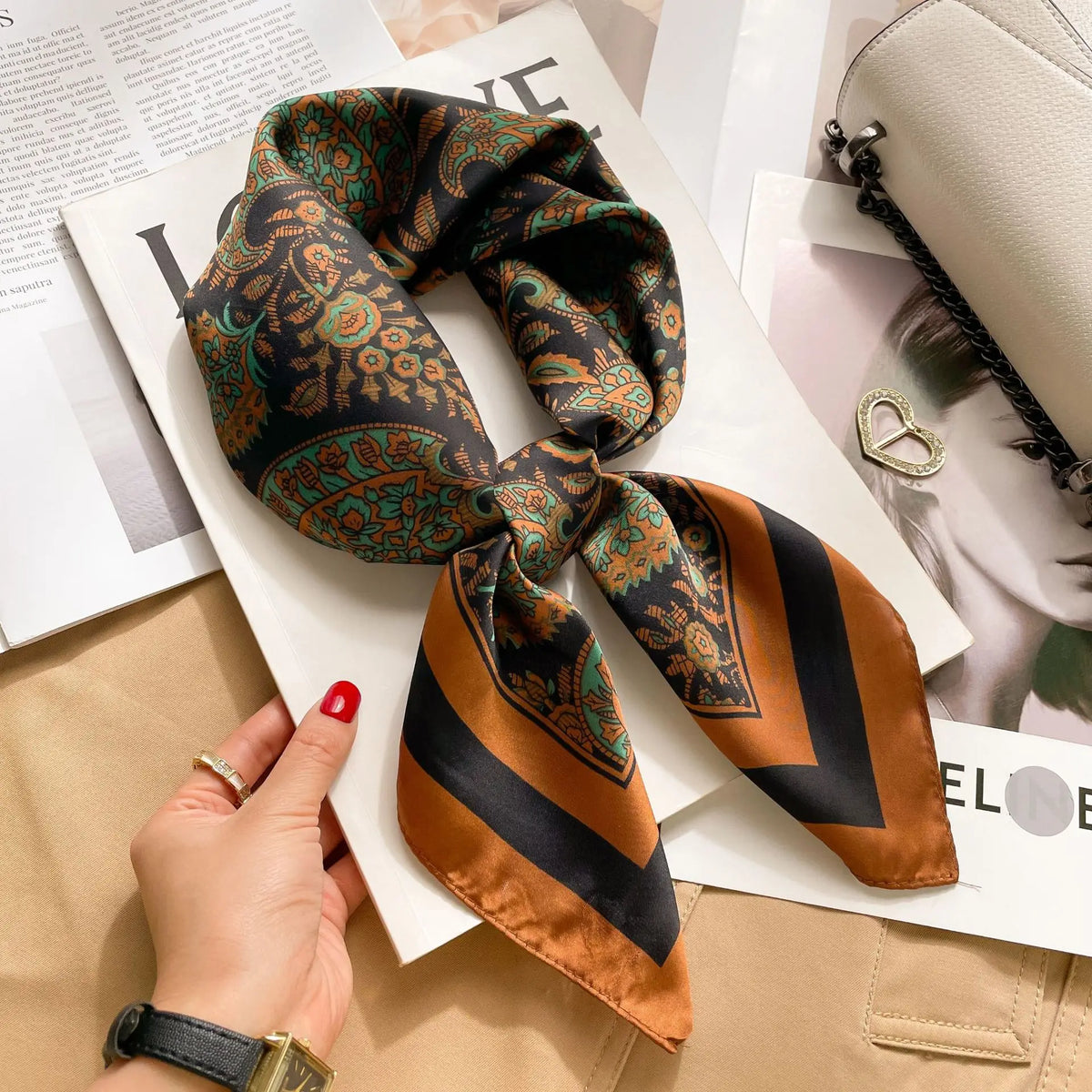 Printed Satin Square Neckerchief for Women 27.5×27.5 in Versatile Head Wrap Neck Tie Hair Ribbon Fashion Accessory | Thomler