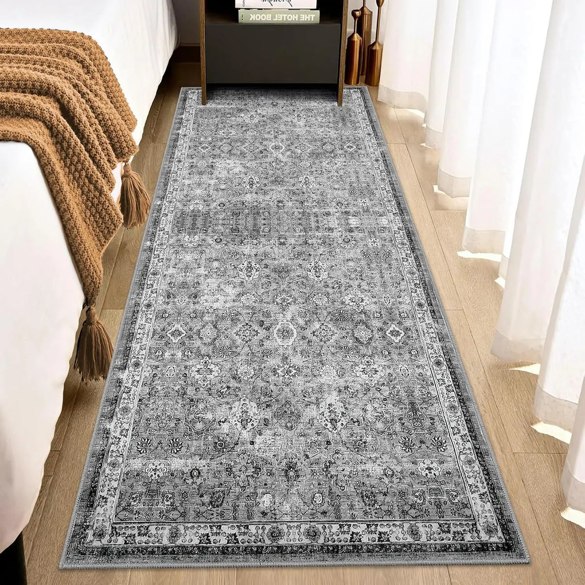 Non-Slip Vintage Area Rug for Entry, Kitchen, Bedroom | Gray Short Pile Washable Runner | Thomler