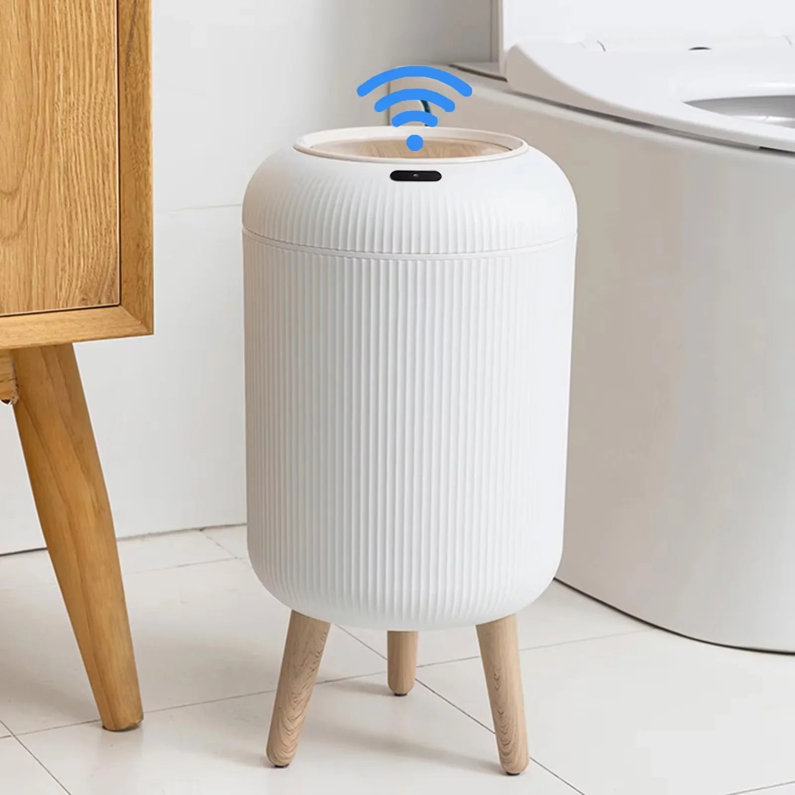 Trash Can Plastic 10.0 L Motion Sensor Wooden Legs Kitchen Bathroom Touchless Waste Bin Scandinavian Style | Thomler