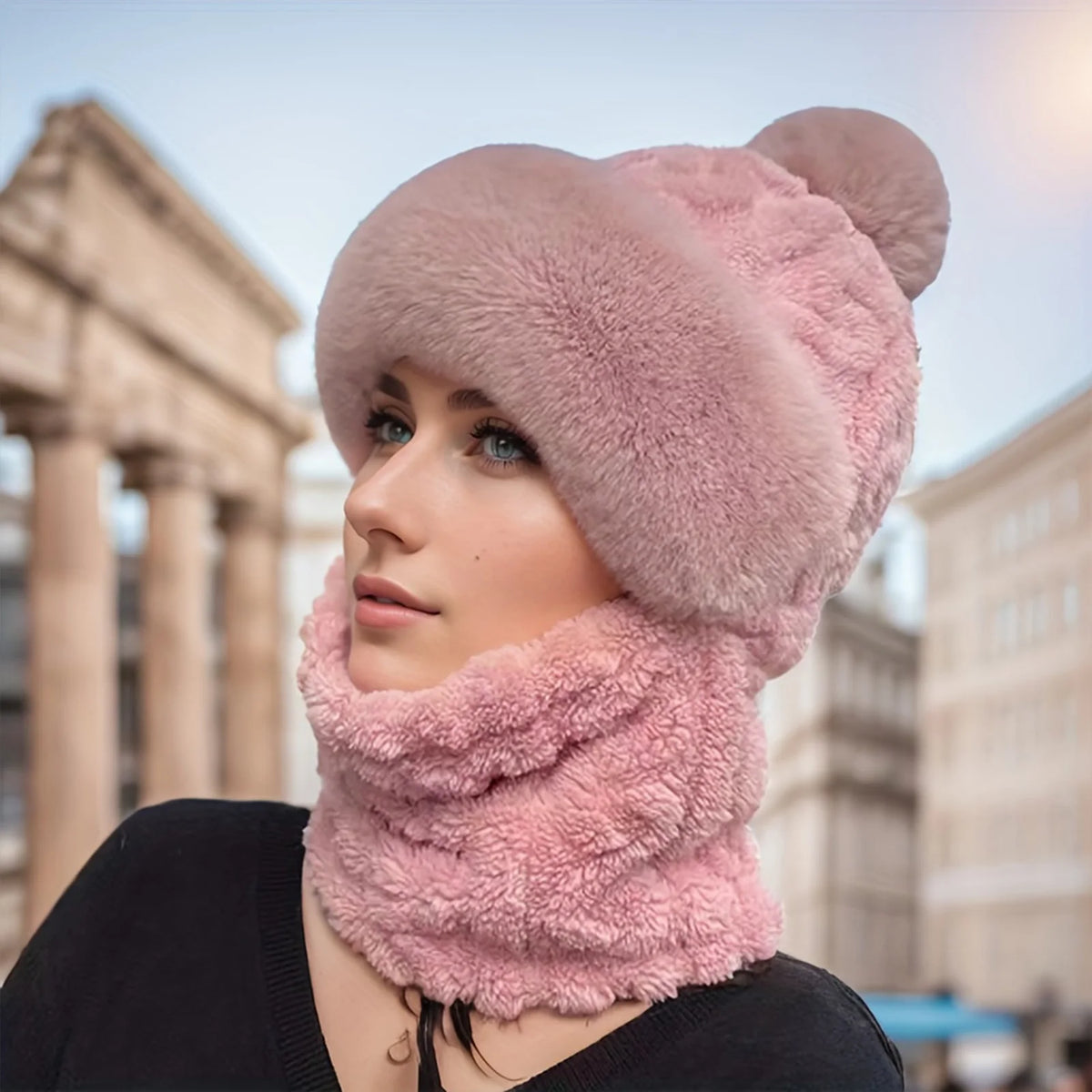 Fleece-Lined Hood Scarf Beanie Combo with Pom-Pom for Women & Men – All-in-One Neck Warmer Face Covering Cold Weather Gear for Commuting | Thomler