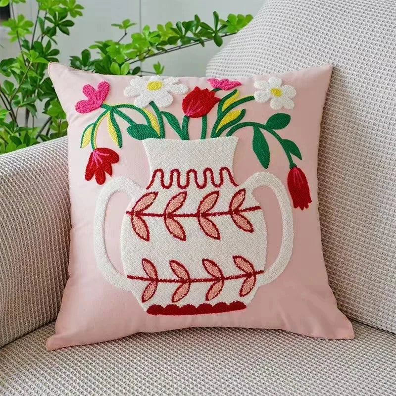 Cushion Cover Cotton Canvas 45.0 cm Floral Embroidered White Sofa Bed Decorative Pillow Case Farmhouse Living Room Accent | Thomler