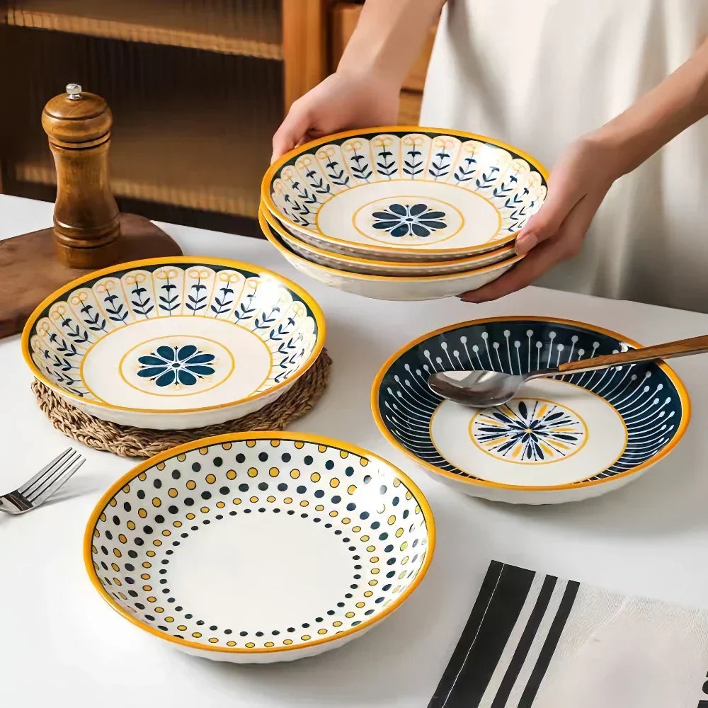 Dinnerware Set Porcelain 20.0 cm 7.9" Navy Blue Gold Breakfast Dessert Salad Plates Hand Painted Floral Tableware Set Of 4 | Thomler