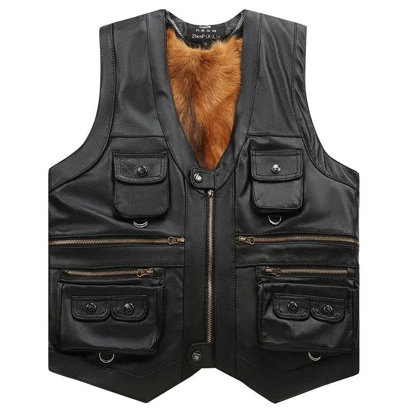 Genuine Leather Adventure Vest Sleeveless Casual Zip-Front Jacket Fall Winter Outdoor Riding Coat Men's Plus Sizes XL-7XL | Thomler