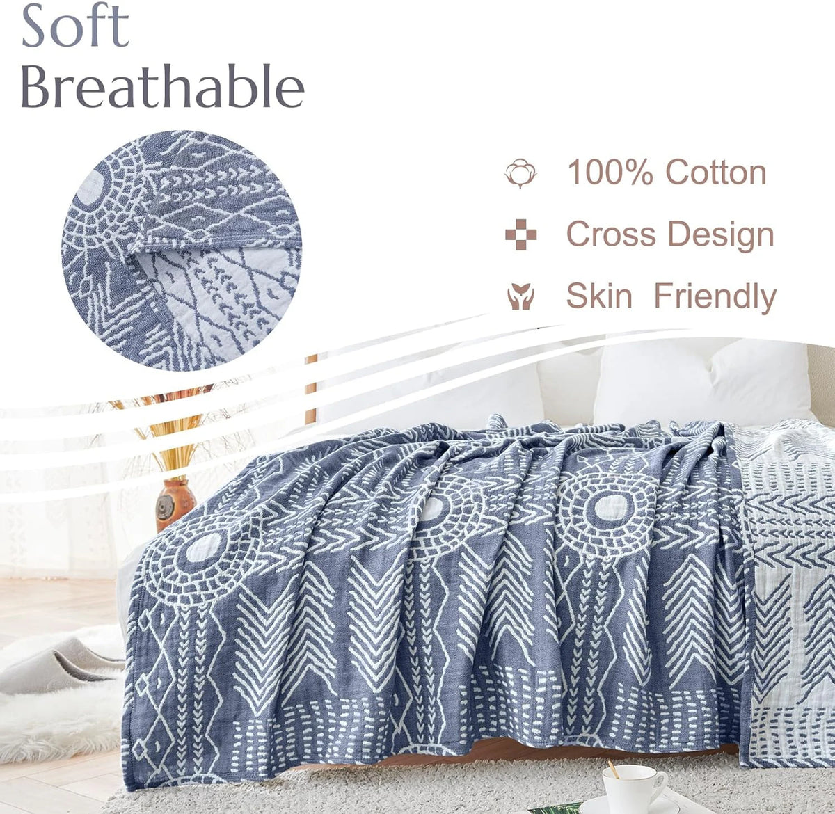 Lightweight Cotton Layered Coverlet – Breathable Reversible Throw with Geometric Design for Beds & Sofas – All Season | Thomler