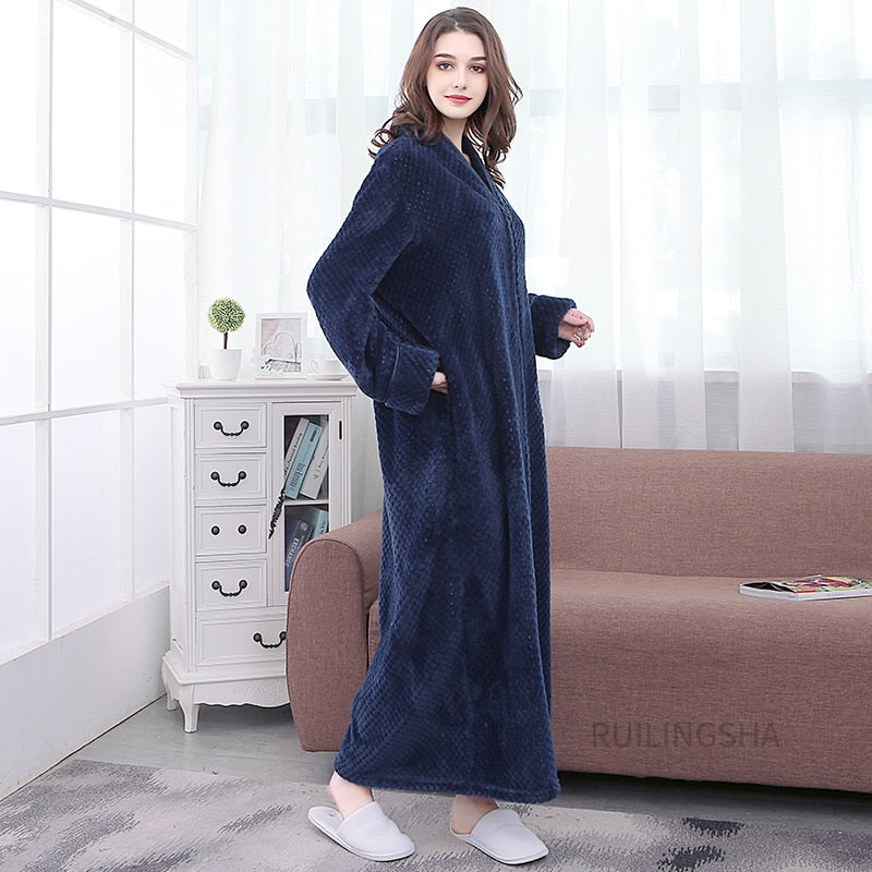 Zippered Fleece Bathrobe for Women & Men Hooded & Non-Hooded Thermal Lounge Robe with Pockets Soft Lightweight Warmth | Thomler