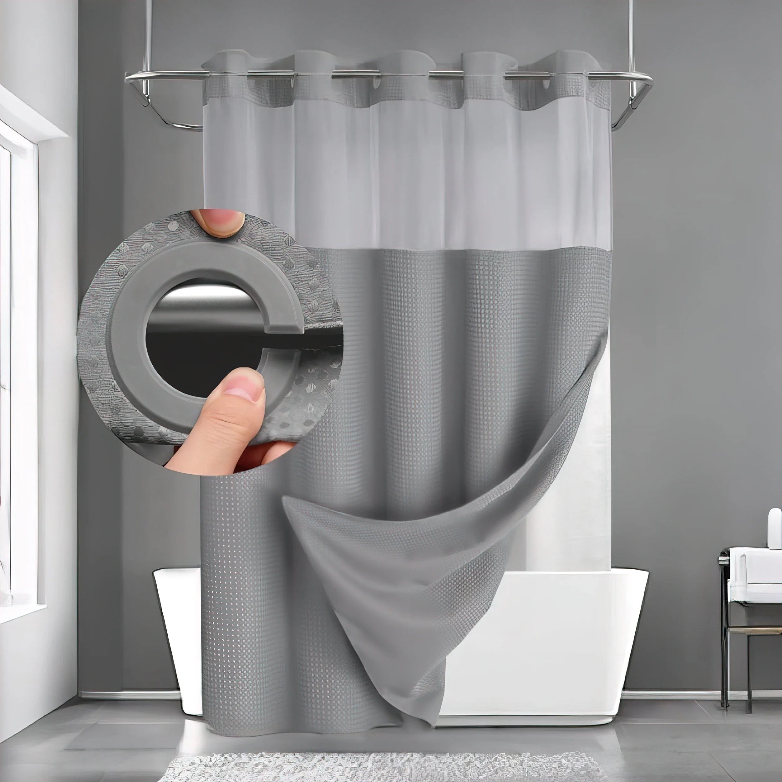 Hookless Shower Curtain with Built-In Snap Liner Waffle Weave Polyester Bathroom Curtain Easy Install No Rings Needed Quick Change Design | Thomler