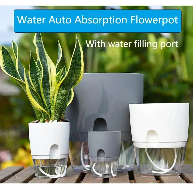Self-Watering Planter AS Plastic 23.5 cm Height Indoor Plants Automatic Water Absorption Grey White | Thomler