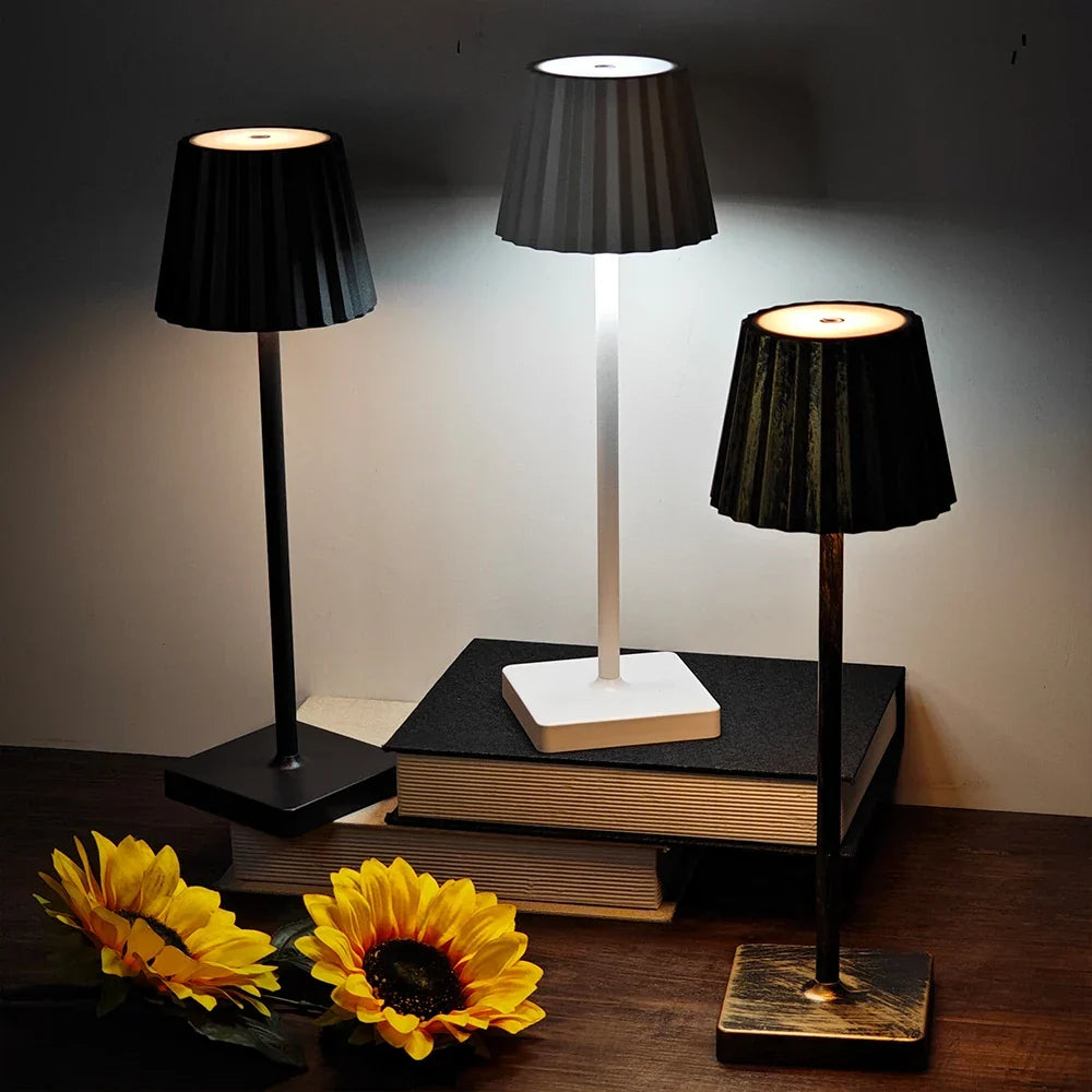 Cordless Rechargeable Table Lamp with Pleated Shade & Touch Dimmer – Classic LED Bedside Light for Bedroom Living Room | Thomler